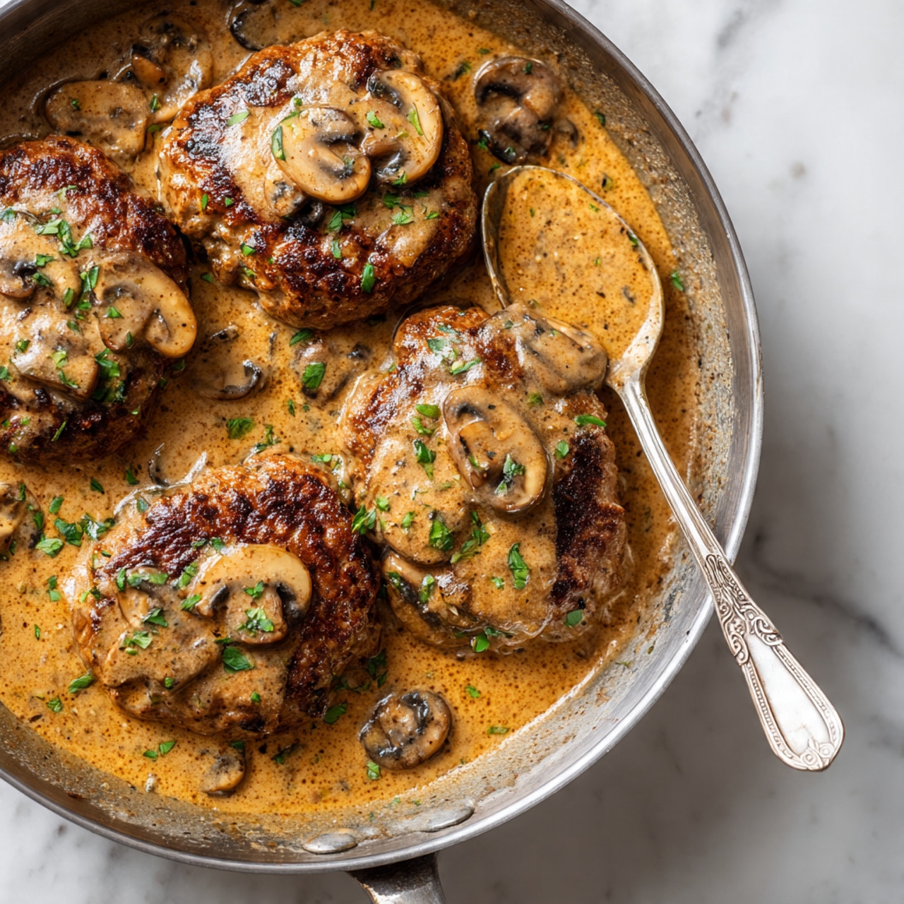 A close-up view of a pan filled with four browned meat patties covered in a light brown mushroom sauce with slices of cooked mushrooms and small bits of green herbs scattered on top. A silver spoon held by a woman's hand is resting over one patty, lifting some sauce and showing its smooth, glossy texture. The pan has metal sides and sits on a white marbled surface. photo taken with an iphone --ar 4:5 --v 7