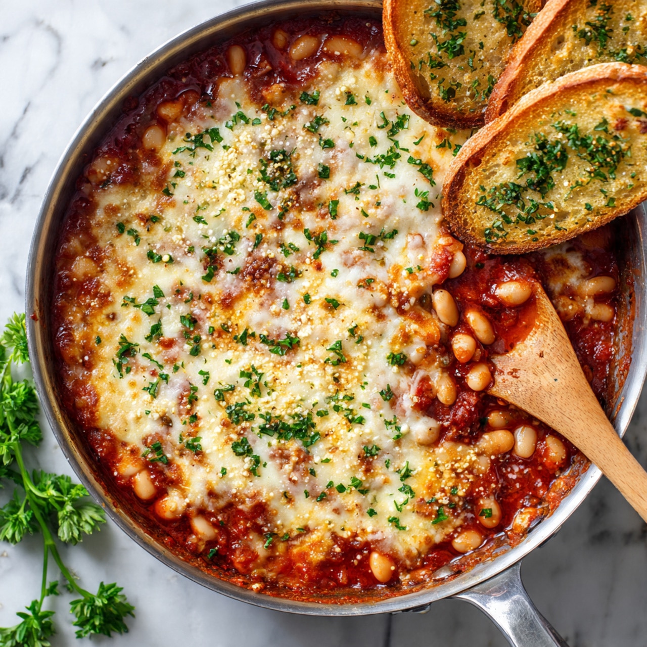 A close-up view of a woman's hand holding a slice of toasted white bread with green herbs on top. On the bread, there is a thick layer of a brownish-red sauce mixed with mushroom slices and melted white cheese. In the blurred background, there is a pan filled with more of the same saucy mushroom and cheese dish. The setting has a white marbled surface visible around the pan. Photo taken with an iphone --ar 4:5 --v 7