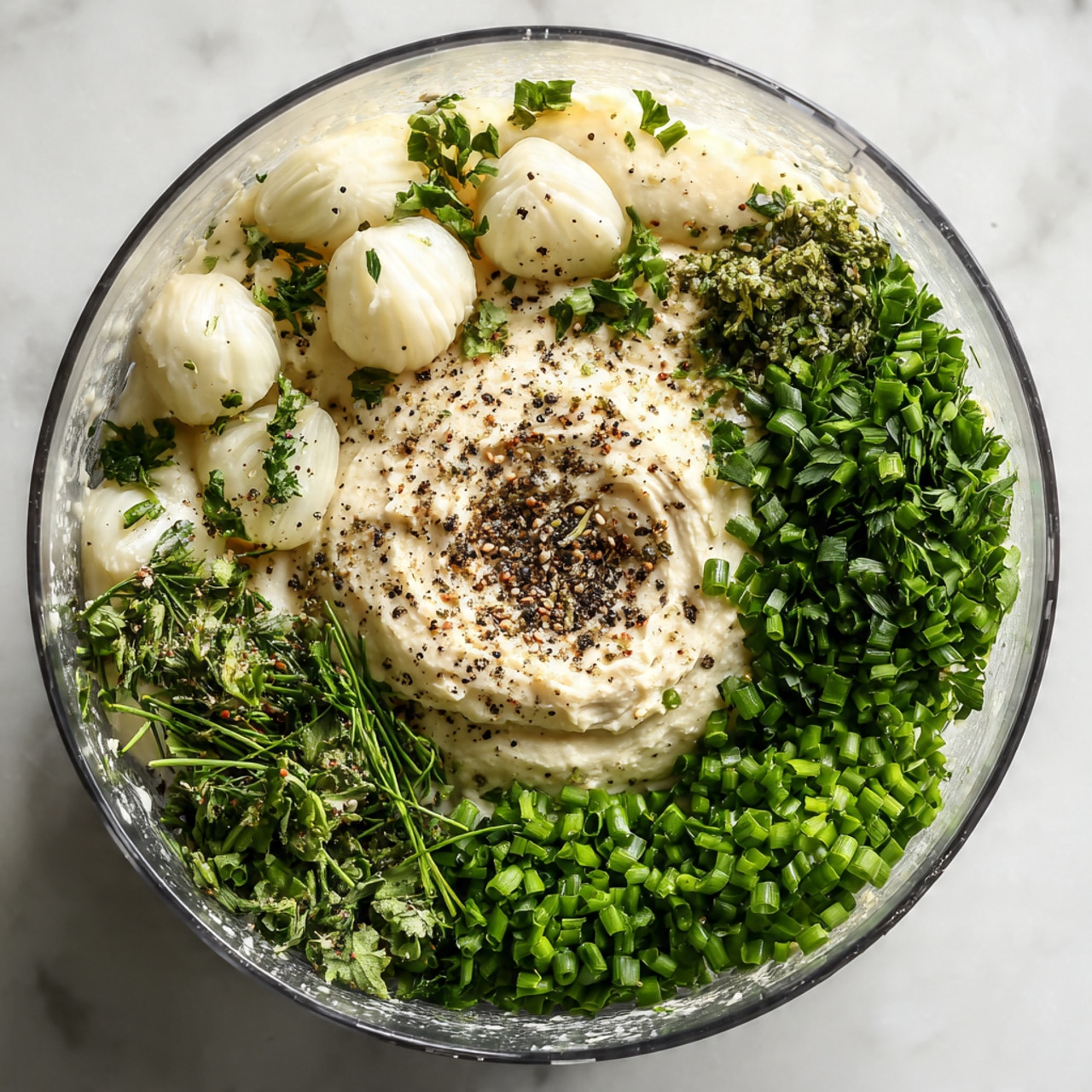 A clear food processor bowl filled with many fresh ingredients layered inside. At the bottom is a light creamy paste in the center, topped with black pepper and some small green herb pieces. On the left side, thick white dollops add texture, sprinkled with more black pepper. On the upper right side, bright green chopped herbs fill the space, mixing with finely chopped garlic. Along the bottom and right edge, finely chopped chives and salt add extra color and detail. The background surface is white marbled, and the overall look is fresh and ready to be mixed. Photo taken with an iphone --ar 4:5 --v 7