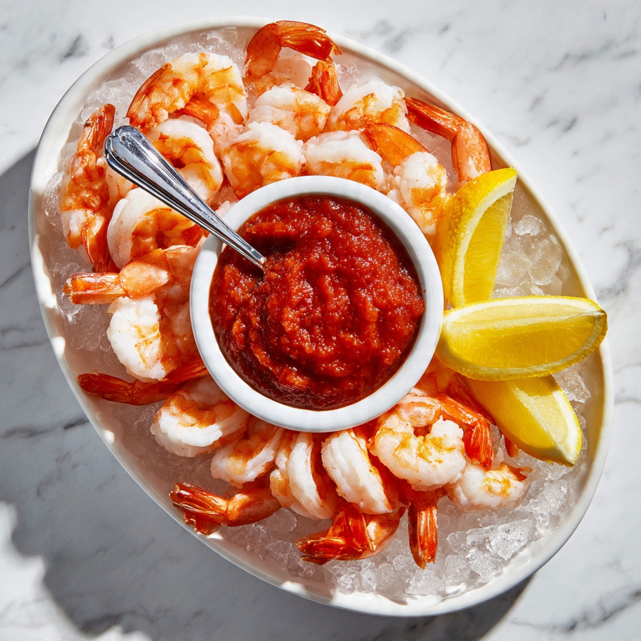 A white oval plate filled with crushed ice forms the base layer, topped with a pile of bright orange and white cooked shrimp arranged around the edge. In the center of the plate sits a small white round bowl filled with thick red cocktail sauce, with a silver spoon resting inside it. Around the bowl, two lemon wedges add pops of yellow color and rest on the ice. The whole plate is set on a white marbled surface. Photo taken with an iphone --ar 4:5 --v 7