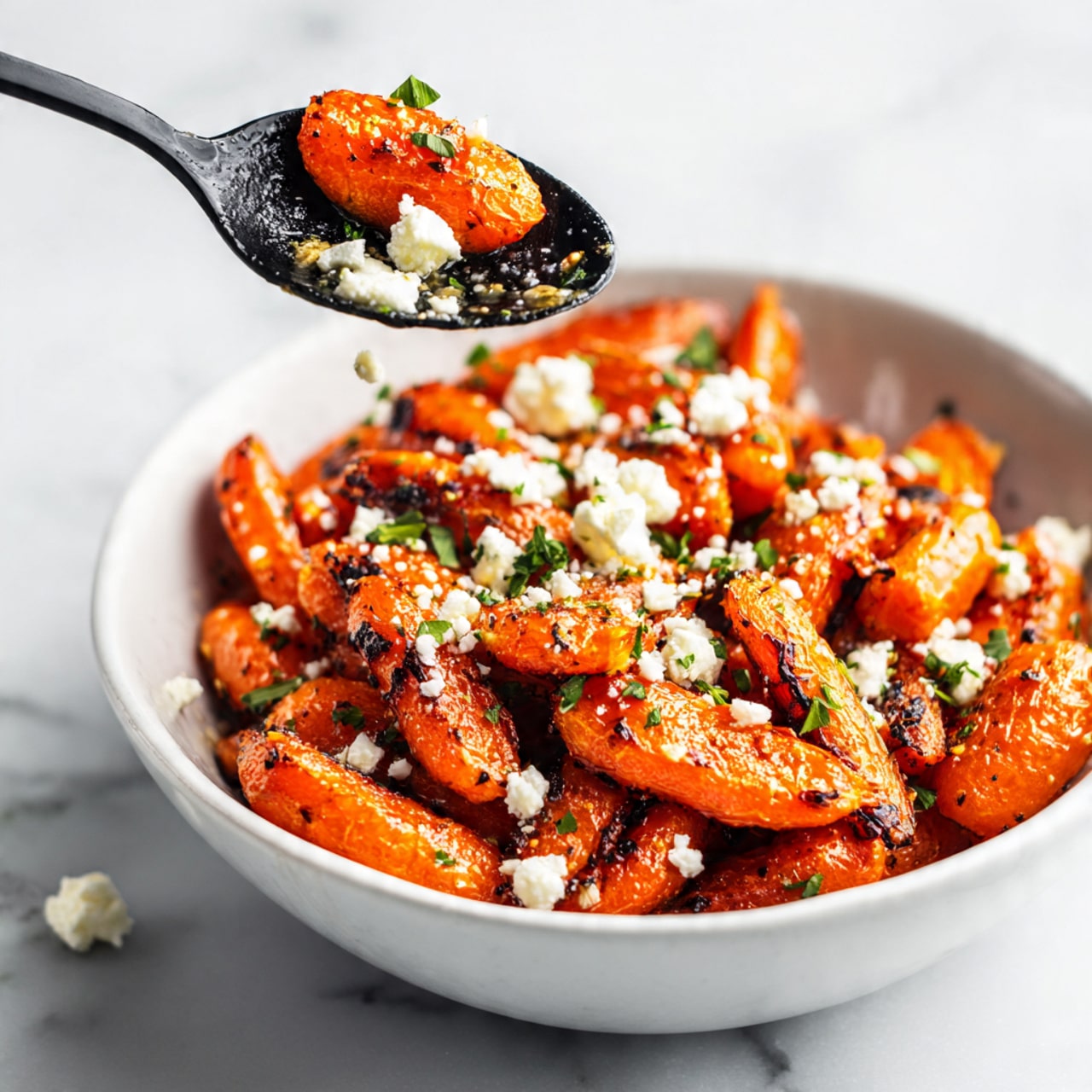 The image shows a close-up of cooked orange carrot pieces with some char marks, placed in a white bowl. The carrots are sprinkled with small white crumbles of cheese and chopped green herbs, creating a fresh contrast of colors. A black spoon holds a portion of the carrots and cheese above the bowl, with the background filled with more carrot pieces. The surface under the bowl is white with a marbled texture, adding a clean and bright feel to the image. photo taken with an iphone --ar 4:5 --v 7