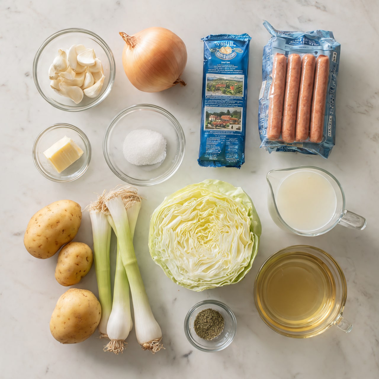 A white marbled surface holds several cooking ingredients arranged with clear spacing: a clear glass bowl with peeled garlic cloves in the top left; next to it an onion with light brown skin; an unopened blue pack of smoked sausage with pictures of sausages on it near the middle top; a clear glass bowl with salt; a small square piece of butter with a wrapper around it; a green cabbage cut in half showing layered pale green and yellow leaves; three light brown potatoes placed in front; a bunch of green onions with white bases and green stalks; a clear liquid in a transparent cup; a milky white liquid in another transparent cup; a light brown broth in a clear measuring cup; and two small clear glass bowls containing dried herbs and white powder near the onion. All items are set neatly on a clean white marbled surface. photo taken with an iphone --ar 4:5 --v 7