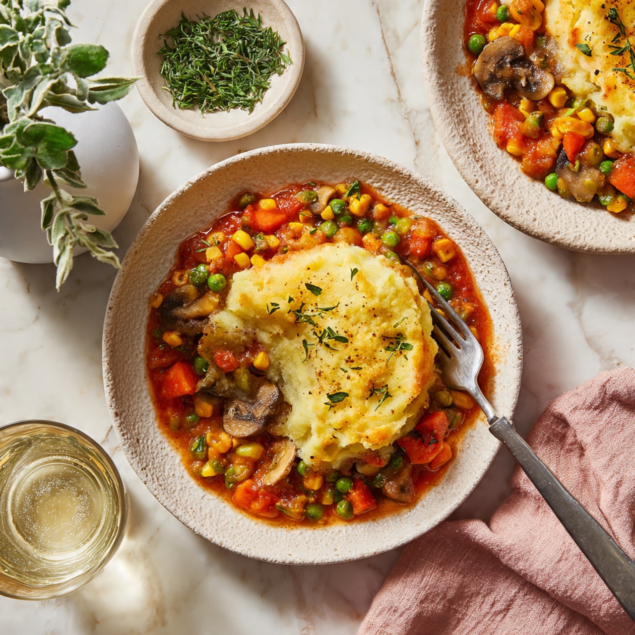 The image shows a creamy mashed potato layer on top of a colorful vegetable stew with green peas, corn, carrots, and mushrooms, all mixed in a thick red sauce on a round, off-white plate with a textured rim. A silver fork rests on the right side of the plate with some mashed potatoes on it. Near the top right corner, there is another white plate with the same dish partially visible. Above the main plate, a small light beige bowl holds fresh green herbs. The scene is set on a white marbled textured surface with a soft pink cloth napkin on the bottom right and a glass of sparkling water near the edge. A white ceramic vase with a green leafy plant is visible on the left side. Photo taken with an iphone --ar 4:5 --v 7