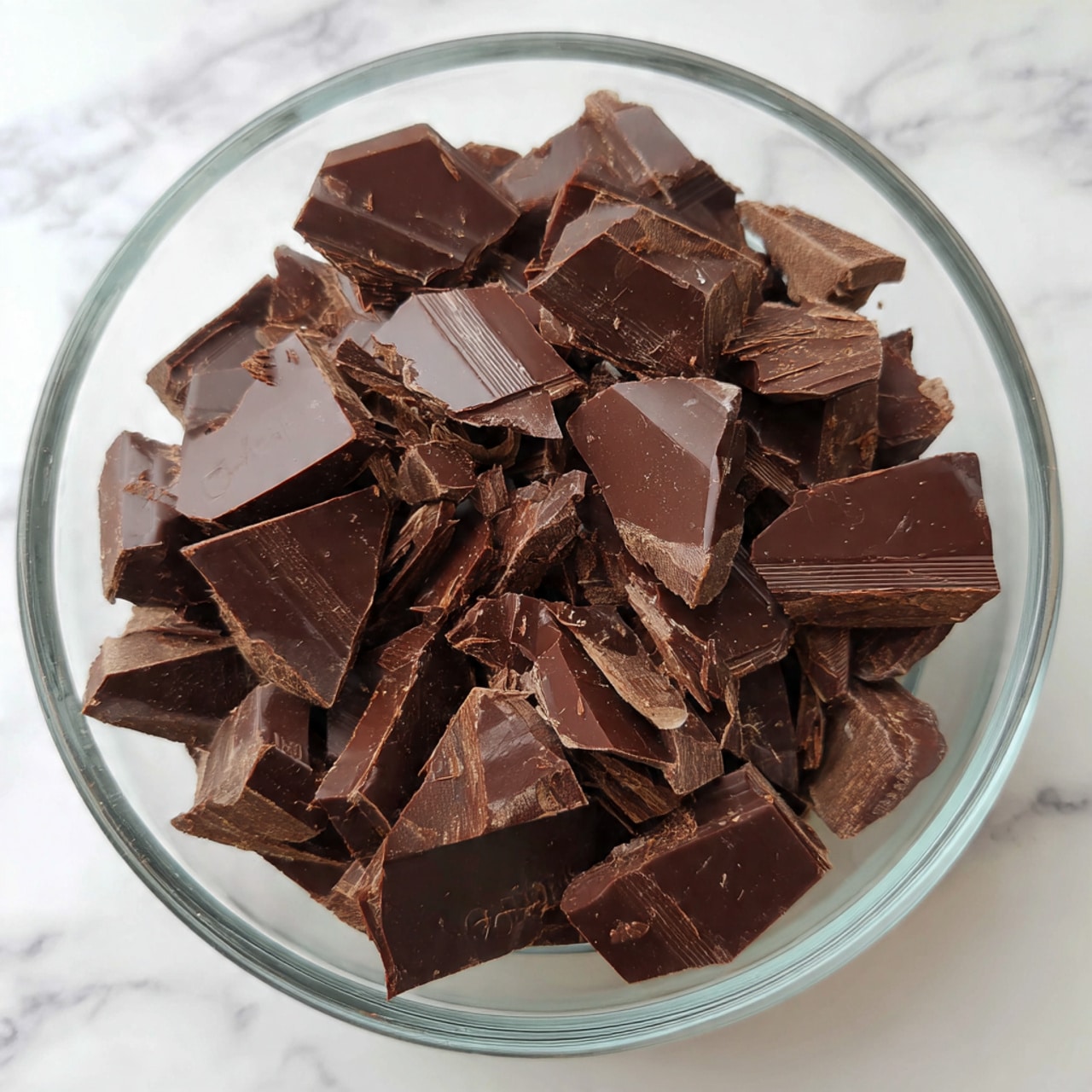 A clear glass bowl filled with many pieces of broken dark chocolate, showing smooth and shiny surfaces with some pieces having visible chocolate brand markings, all set on a white marbled surface. photo taken with an iphone --ar 4:5 --v 7