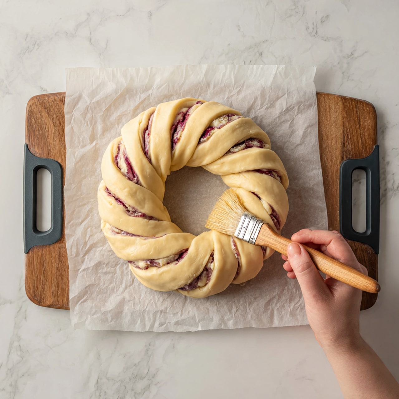 A round pastry wreath is placed on white parchment paper on a brown cutting board with four black corner grips, sitting on a white marbled surface. The wreath is made of pale yellow dough wrapped around layers of red filling and white crumbly cheese, visible through evenly spaced slits around the ring. A large brush with a wooden handle is held by a woman's hand, gently applying an egg wash on the dough surface. The texture of the dough is smooth and slightly shiny from the brushing. photo taken with an iphone --ar 4:5 --v 7
