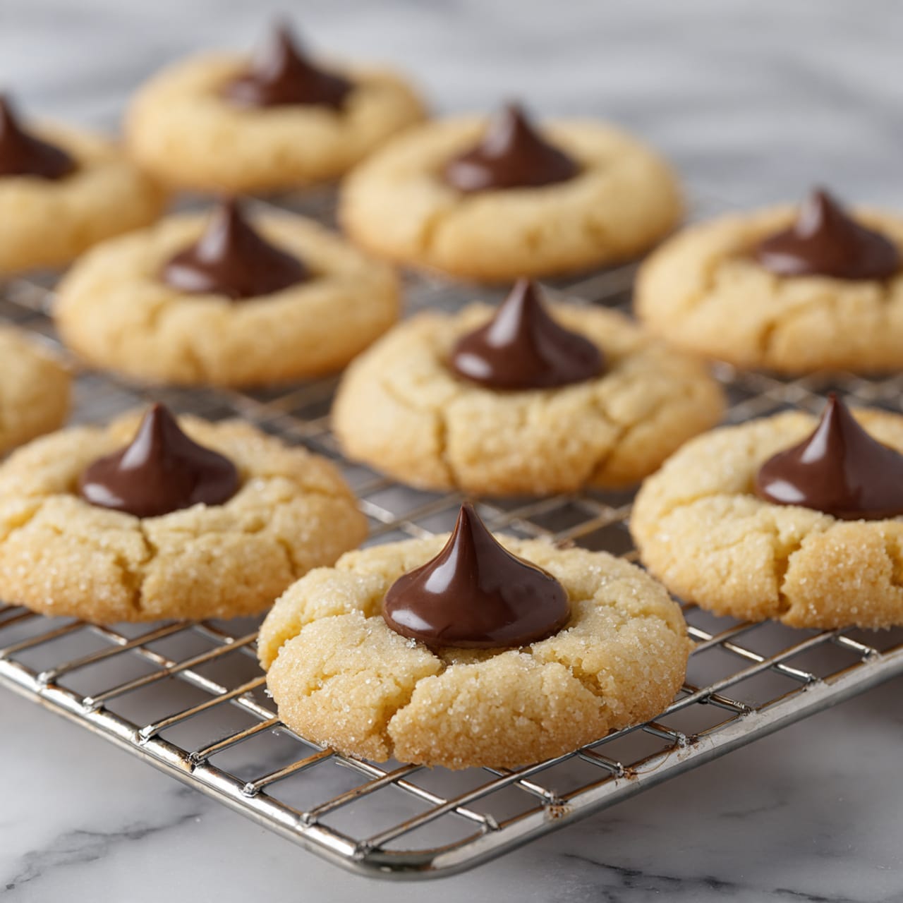 The image shows twelve golden brown round cookies with cracked surfaces placed on a metallic cooling rack. Each cookie has a smooth, dark brown, teardrop-shaped chocolate piece sitting upright in the center. The cookies are evenly spaced on the rack, which is set over a white marbled surface. The cookies have a slightly rough texture with a sugar-dusted appearance, contrasting with the shiny texture of the chocolate on top. Photo taken with an iphone --ar 4:5 --v 7