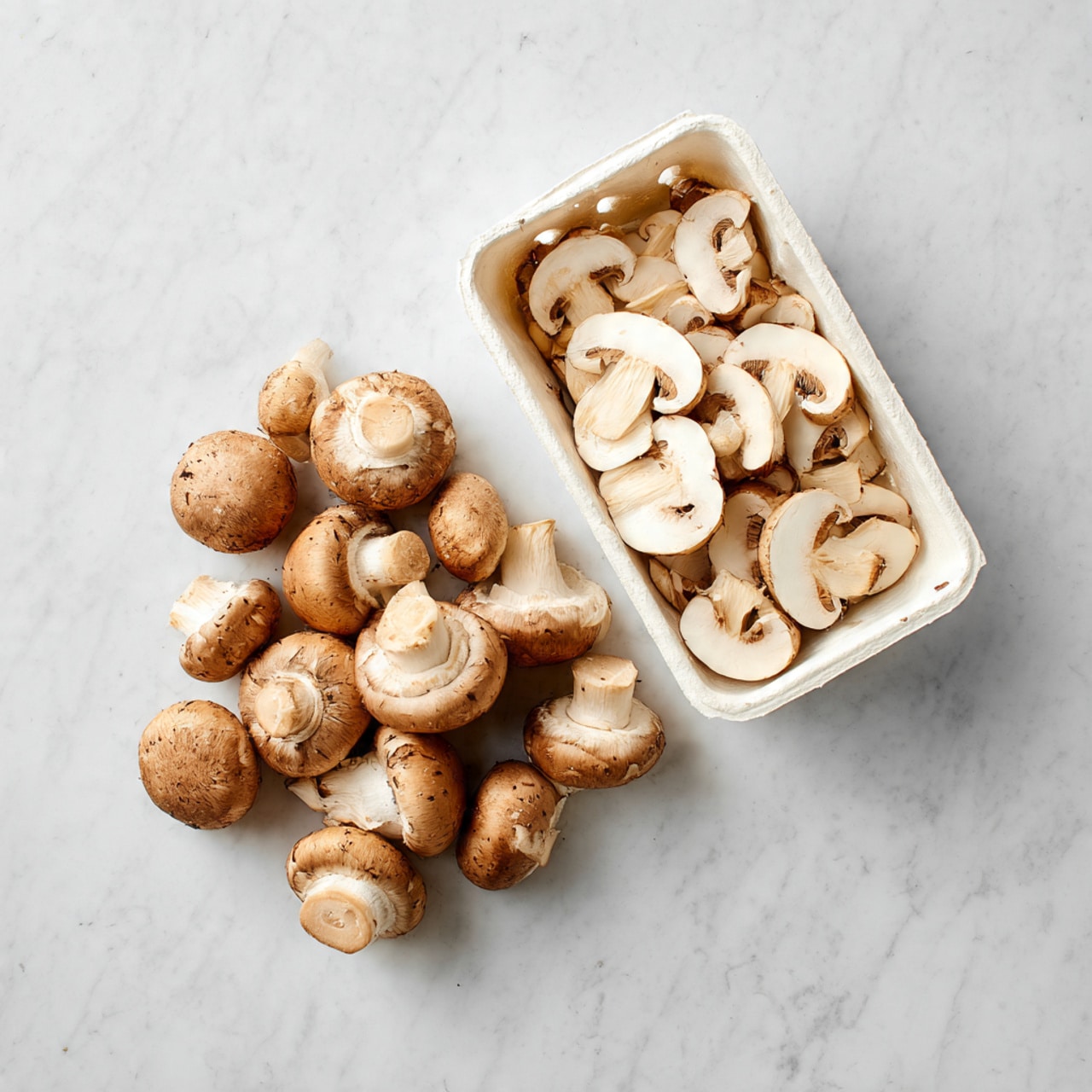 The image shows a small pile of sliced mushrooms on the right side with a smooth white marbled surface underneath. On the left side, there is a white container filled with whole mushrooms that are round and light brown. The sliced mushrooms are light beige with dark brown centers and thin white stems, scattered loosely beside the container. The whole mushrooms inside the container appear fresh with subtle dirt spots. Photo taken with an iphone --ar 4:5 --v 7