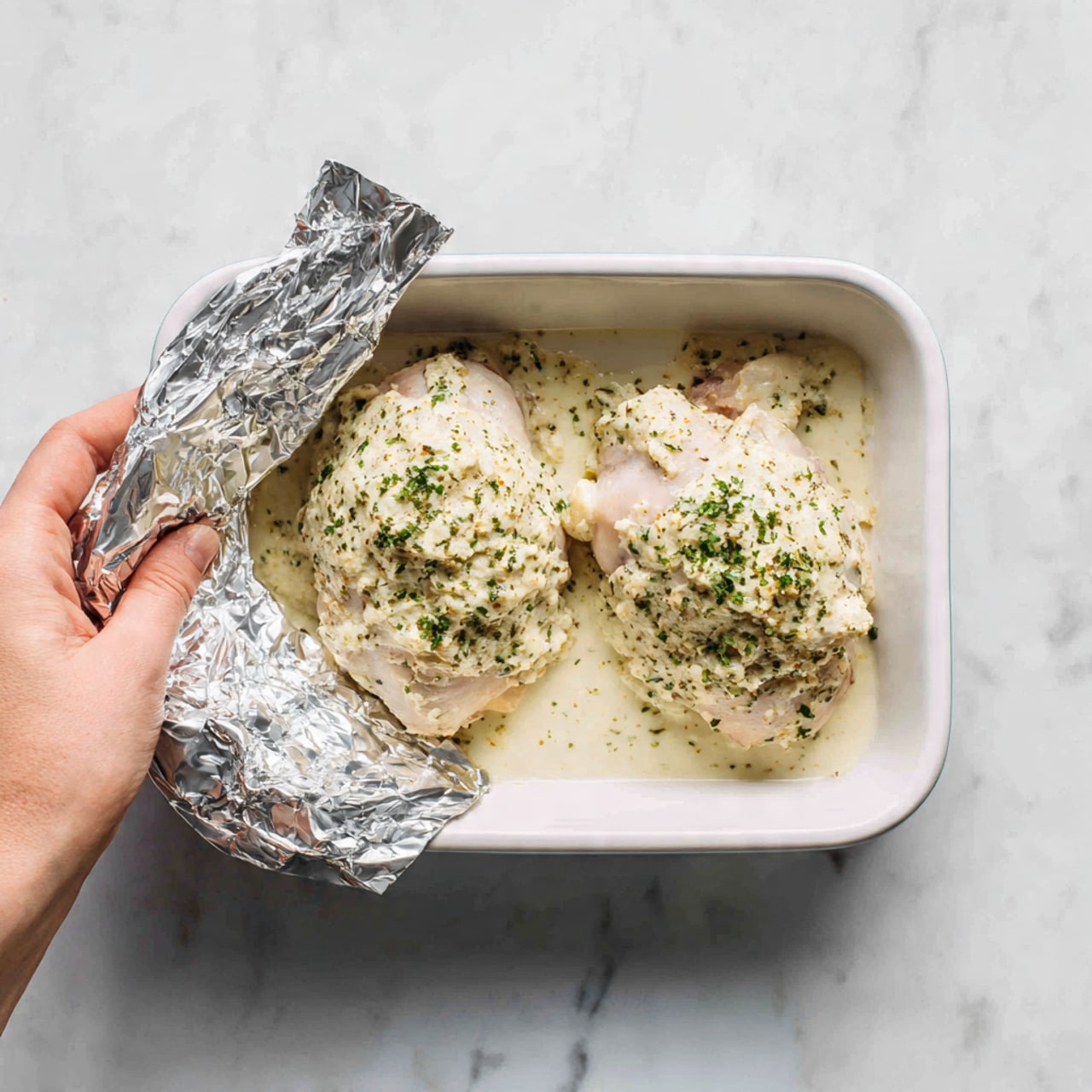 A white rectangular baking dish with two raw chicken thighs inside, each covered with a thick layer of creamy white herb seasoning with small black and green specks. The chicken lies flat and close together on the bottom of the dish. A white marbled surface is underneath the dish. On the left side, a woman's hand is peeling back a sheet of shiny silver aluminum foil partially covering the dish. photo taken with an iphone --ar 4:5 --v 7