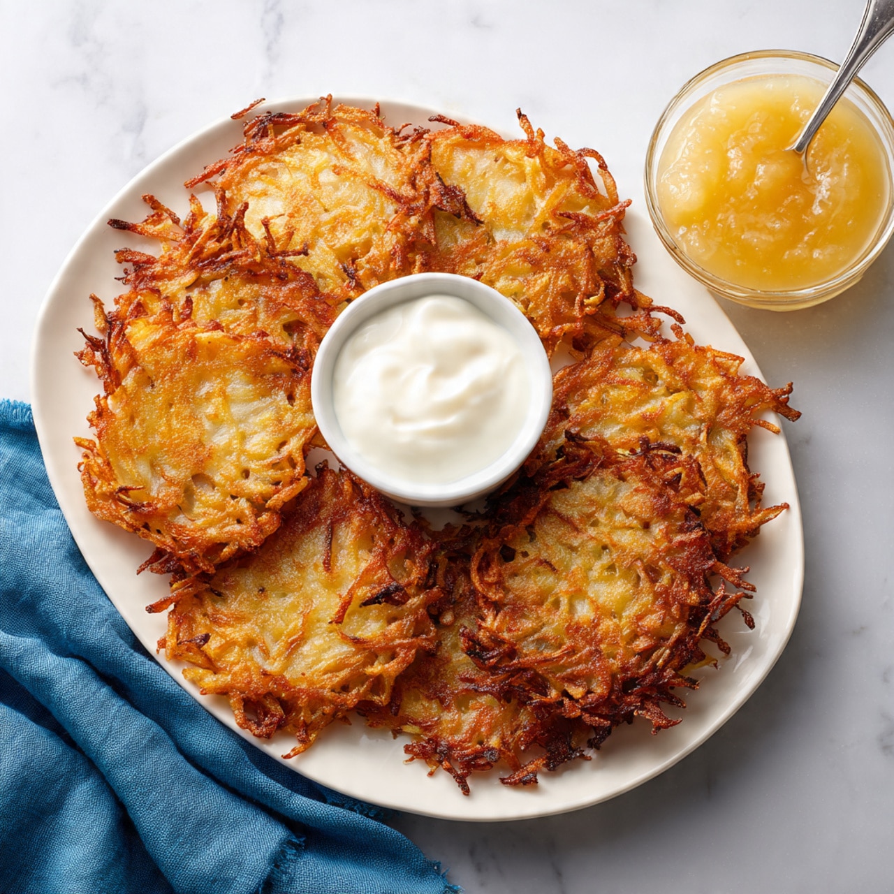 A white oval plate on a white marbled surface holds a stack of golden brown potato pancakes, each with a crispy texture and thin, shredded layers visible. The pancakes are irregularly round with some edges a bit darker and crispier. In the center of the stack is a small white bowl filled with smooth, creamy white sour cream. Next to the plate, there is a clear glass bowl with light yellow applesauce, and a silver spoon rests inside it. A soft blue cloth is casually placed on the left side of the plate. photo taken with an iphone --ar 4:5 --v 7