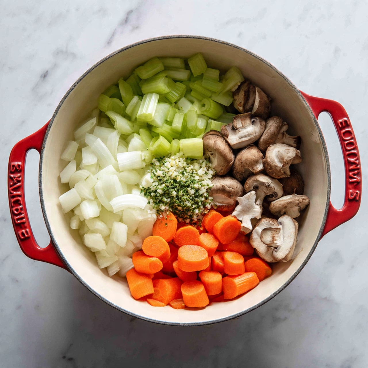 A round white pot with red handles contains four sections of fresh, uncooked vegetables arranged separately inside. On the top right, there is a pile of small, dark brown sliced mushrooms with a soft texture. Next to the mushrooms on the right side are bright orange round carrot slices, neatly stacked and smooth. On the bottom left, there are white chopped onions with a slightly translucent look, and above them on the top left are curved pieces of light green celery, some cut into half circles and some in smaller chunks. In the middle of the pot, there is a small heap of finely chopped garlic and green herbs, adding texture and contrast. The pot sits on a white marbled surface. photo taken with an iphone --ar 4:5 --v 7