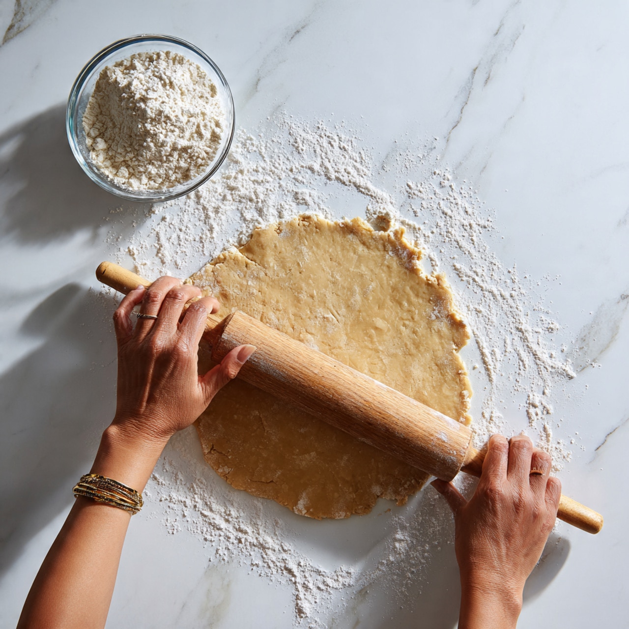 A pair of woman's hands are rolling out a medium-brown dough with a wooden rolling pin on a white marbled surface. The dough is spread flat in an uneven round shape, with some light flour sprinkled around and on it. A small glass bowl with white flour sits near the top left corner of the image. Photo taken with an iphone --ar 4:5 --v 7
