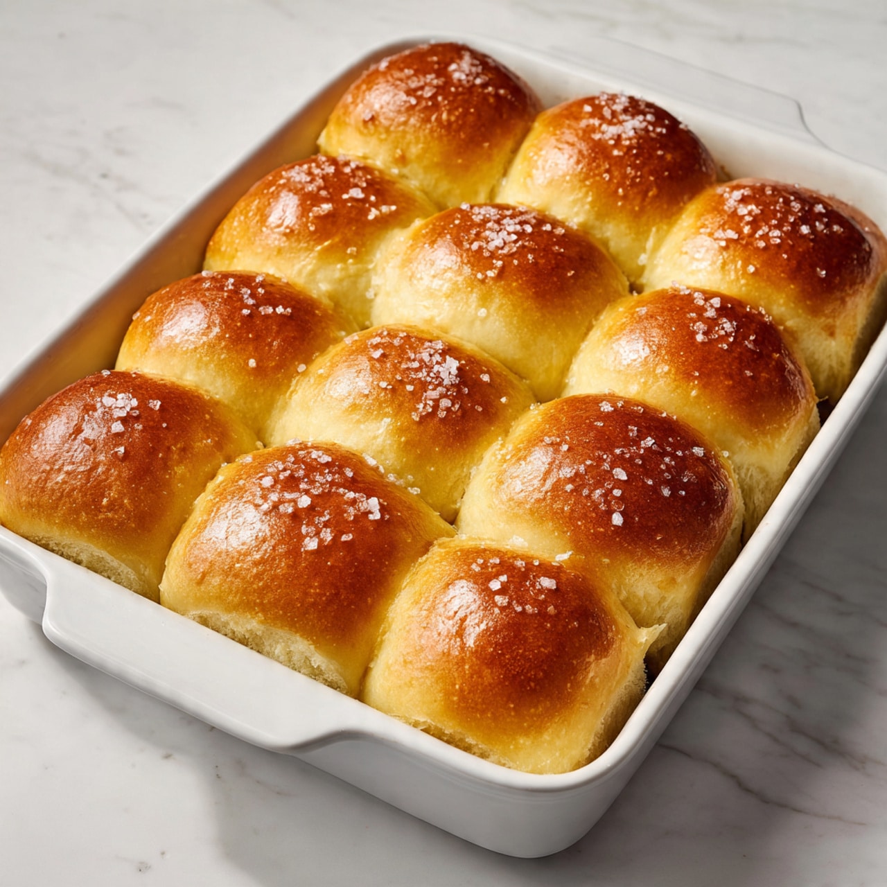 A white rectangular baking dish holds twelve small dinner rolls arranged in three rows and four columns, each roll showing a smooth, shiny golden-brown top that is slightly rounded. The tops of the rolls are sprinkled with coarse salt crystals, adding texture and brightness, while the sides are pale and soft, lightly touching each other inside the dish. The dish is placed on a white marbled surface with subtle grey veins providing contrast. photo taken with an iphone --ar 4:5 --v 7