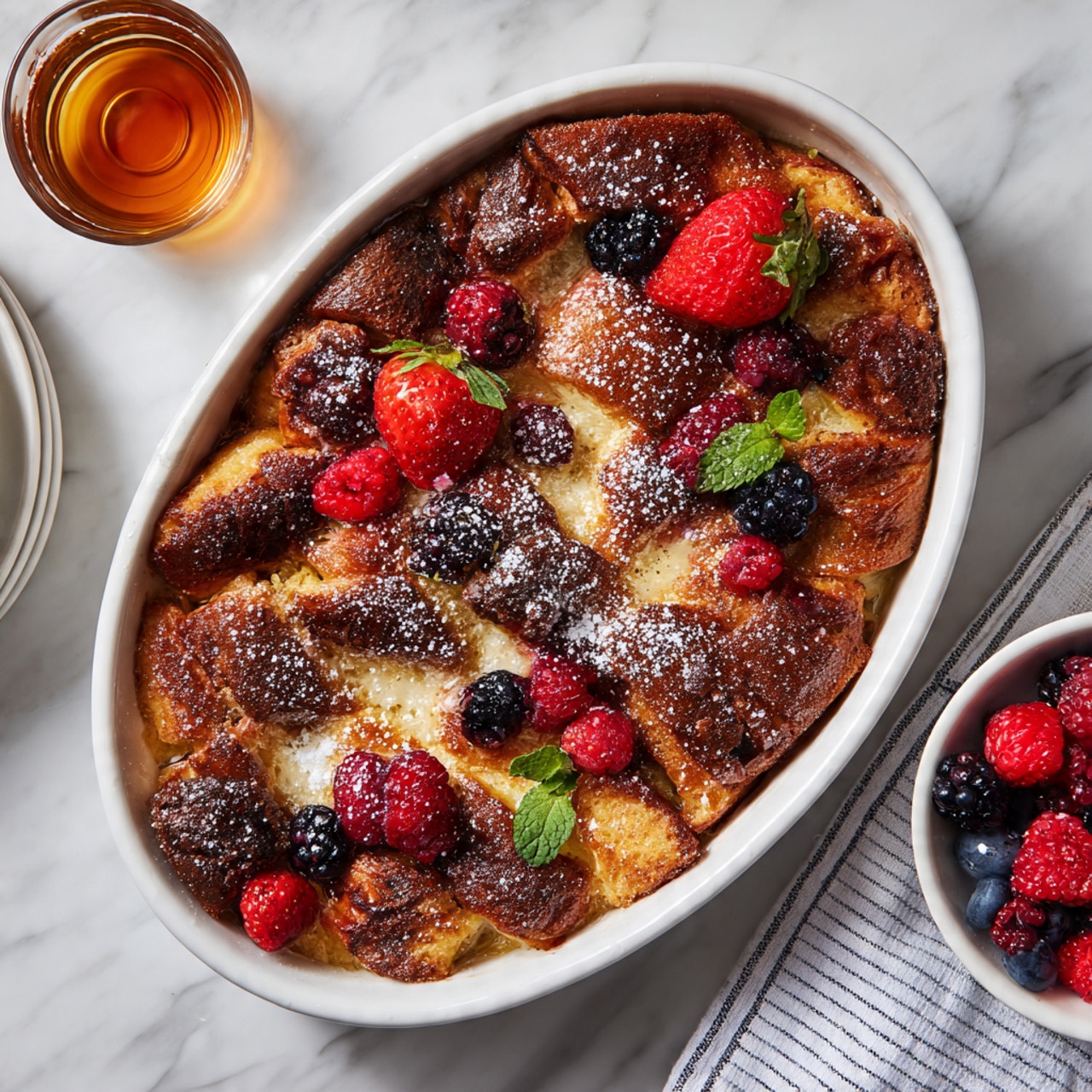 A small square piece of baked bread pudding sits in the center of a white plate with a thin black rim. The top layer is golden brown, slightly crispy, and dusted with powdered sugar. On top, there are a few mixed berries including a black blackberry, a red raspberry, a slice of red strawberry, and small blue blueberries scattered around. Light golden syrup is drizzled around the bread pudding, pooling slightly on the plate. The plate is placed on a white marbled surface with part of a white cup of light brown coffee shown in the upper right corner, a glass container with syrup to the right, and a fork and knife set on a white and gray striped cloth below. A bowl of mixed berries and a white baking dish filled with more bread pudding topped with berries are also visible around the plate. photo taken with an iphone --ar 4:5 --v 7