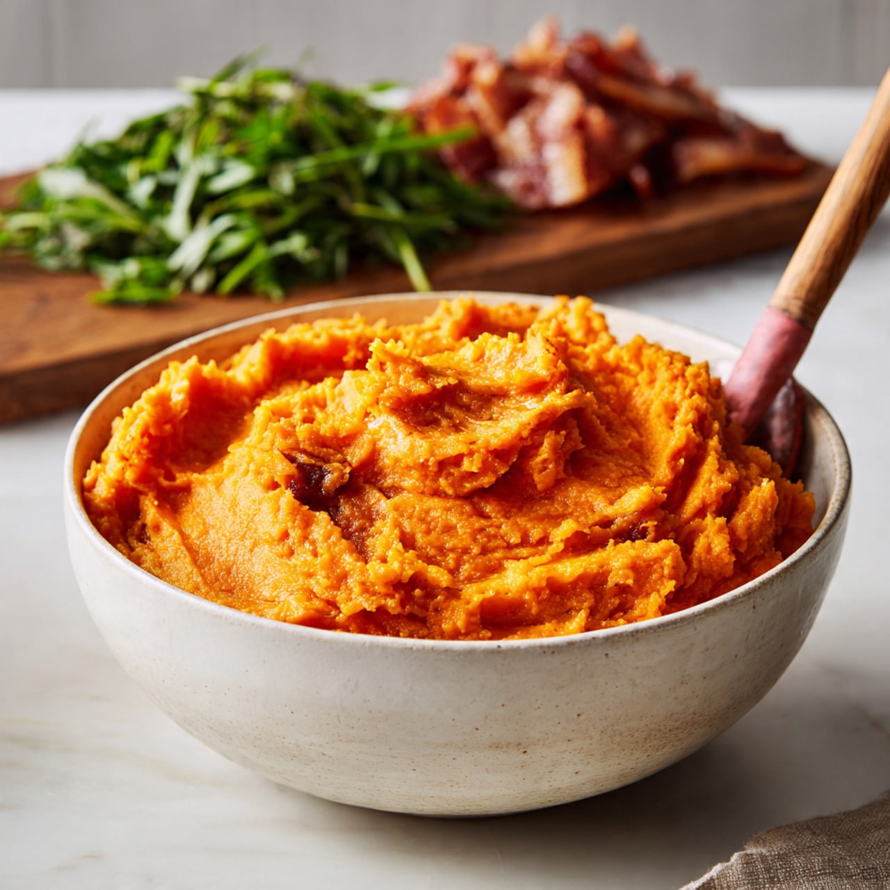 A white bowl filled with bright orange mashed sweet potatoes, smooth and creamy in texture with some ridges and peaks showing the mixing. Inside the bowl, a wooden spatula with a pink silicone head stands upright, partially dipped into the mash. In the background, there is a white marbled surface with a wooden chopping board holding chopped green herbs and pieces of cooked bacon. Photo taken with an iphone --ar 4:5 --v 7