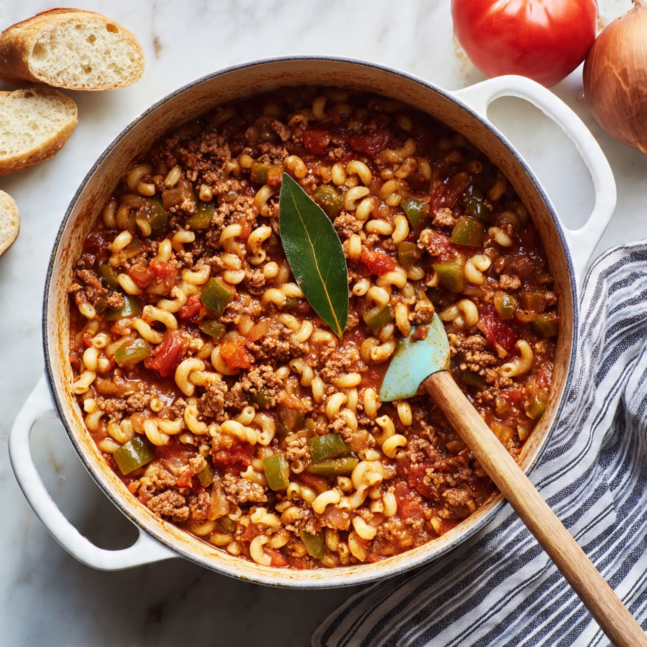 The image shows a white bowl filled with three layers of food: at the bottom, small curved macaroni pasta in off-white color; in the middle, a mix of green bell pepper pieces and red tomato chunks; on top, browned minced meat mixed evenly throughout the pasta and vegetables, with some black pepper sprinkled over it. The bowl sits on a white marbled surface next to torn bread pieces, fresh green parsley leaves, and two silver forks resting on a striped black and white cloth. Another white bowl with the same contents is partially visible in the upper left corner. Photo taken with an iphone --ar 4:5 --v 7