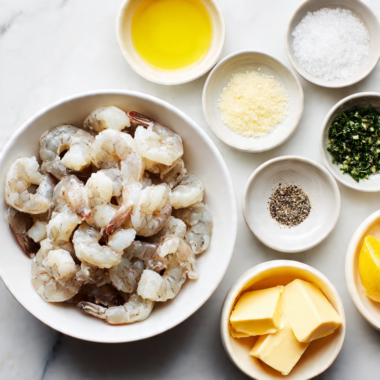 A white bowl filled with peeled, raw shrimp showing a pale pink and gray color with curled shapes sits on the left side of the image, placed on a white marbled surface. To the right, small white bowls hold different ingredients: the top bowl contains a golden yellow liquid, the next two bowls hold white salt and chopped green herbs, and below these are a bowl with black pepper and a bowl with minced garlic. Two more white bowls at the bottom right contain bright yellow lemon wedges and several thick slices of pale yellow butter, all neatly arranged in an organized layout. Photo taken with an iphone --ar 4:5 --v 7