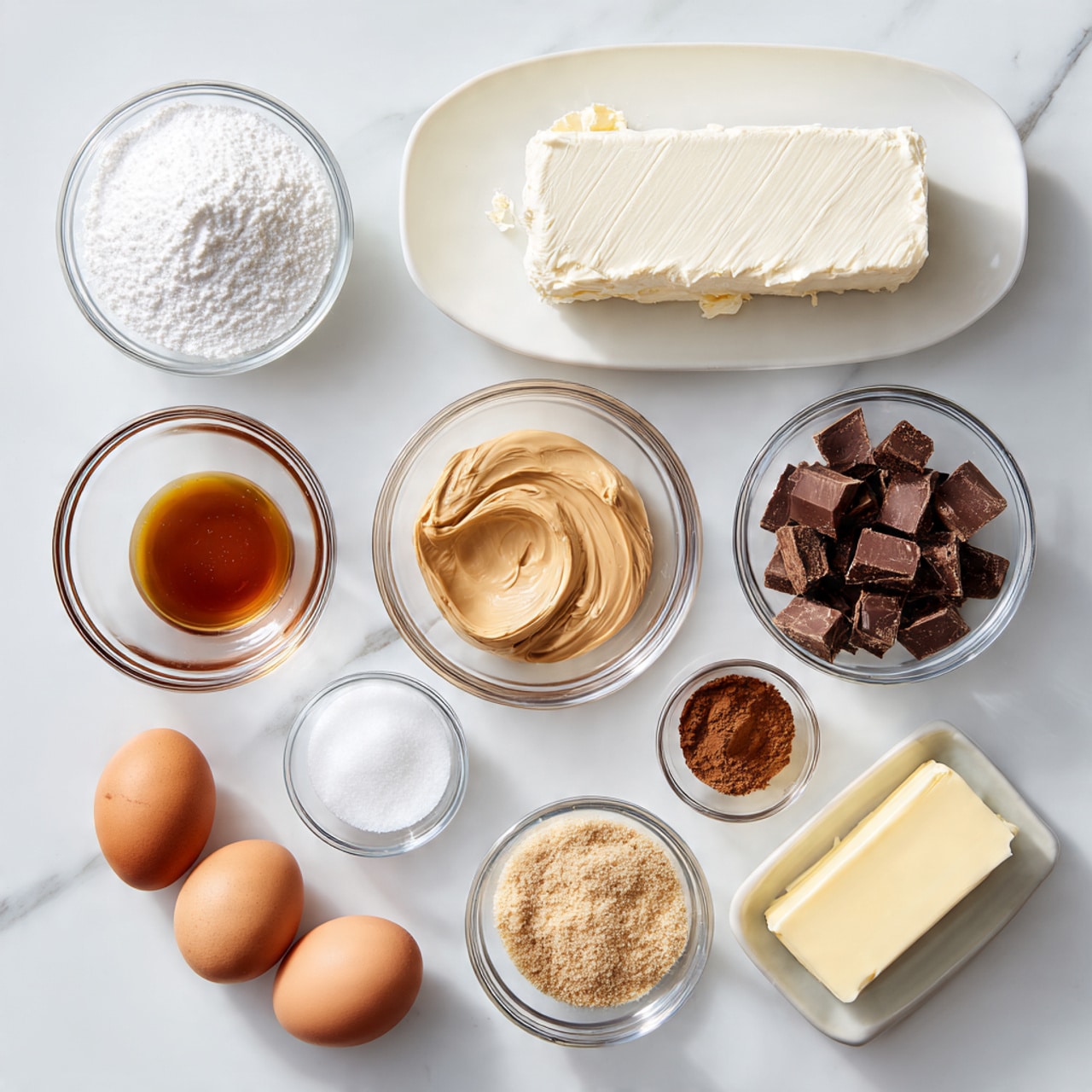 The image shows eleven small clear glass bowls and one white plate arranged neatly on a white marbled surface. The top row has three bowls; the first is filled with white granulated sugar, the second with white flour, and the white plate holds a large block of cream cheese. The middle row features a small bowl with brown vanilla extract, a bigger bowl of light caramel-colored condensed milk, a bowl filled with chopped dark chocolate, and a small bowl full of light brown sugar. The bottom row includes a bowl with three brown eggs, a tiny bowl of white salt, a small bowl of cocoa powder, and a bowl with a stick of yellow butter. All items are evenly spaced, giving a clear view of each ingredient. Photo taken with an iphone --ar 4:5 --v 7