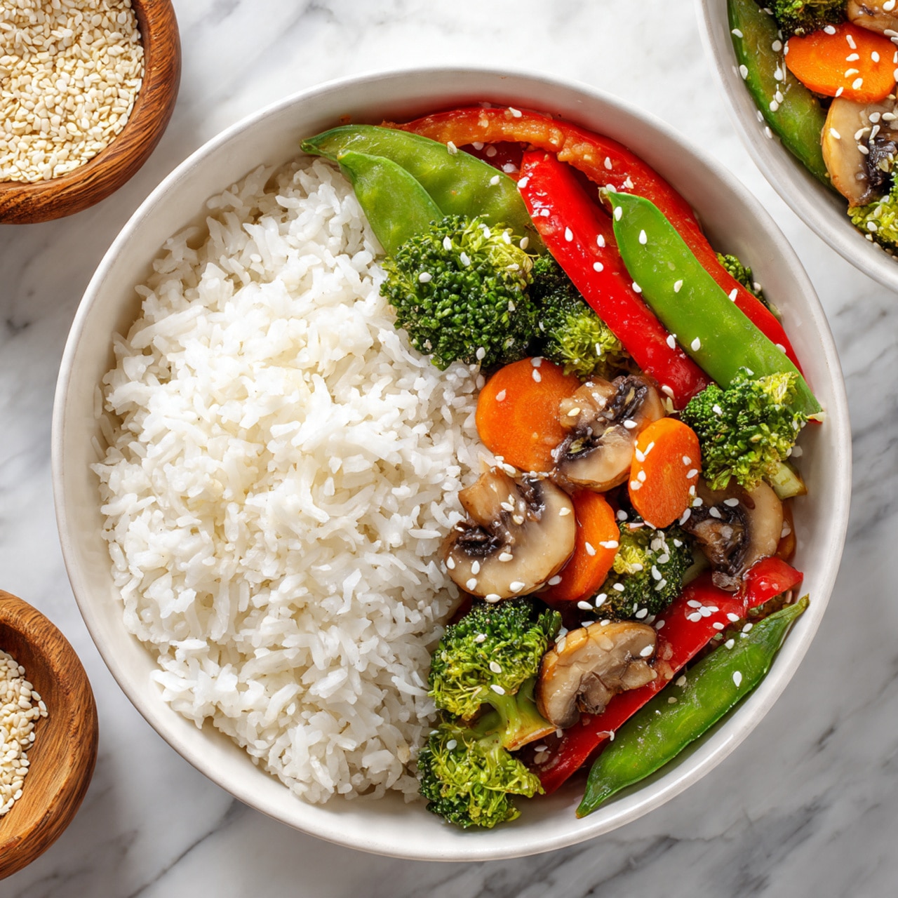 The image shows a white bowl filled with two main layers: on the right side, there is a large portion of fluffy white rice with a soft texture, and on the left side, there is a colorful mix of cooked vegetables including bright green broccoli florets, green snap peas, round orange carrot slices, red bell pepper strips, and light brown mushroom pieces with a shiny surface. The vegetables are sprinkled with small white sesame seeds, adding a delicate texture on top. The bowl is placed on a white marbled surface, alongside another similar bowl in the background and a small wooden bowl filled with sesame seeds on the left side. Photo taken with an iphone --ar 4:5 --v 7