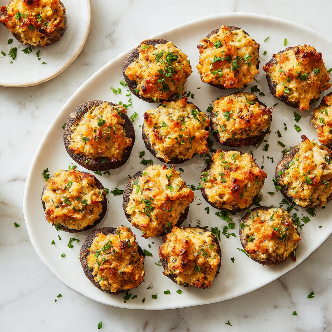 The image shows an oval white plate on a white marbled surface holding twelve stuffed mushrooms arranged in a loose grid. Each mushroom has a dark brown base with a rounded top filled with a light beige, slightly crumbly stuffing mixed with tiny orange and green bits, giving a textured look. The stuffing appears golden brown on the top with small browned spots, indicating baking, and is sprinkled lightly with chopped green herbs. Around the plate, small green herb pieces are scattered. The edge of a smaller white plate with one stuffed mushroom is partly visible at the bottom left, and another one is seen near the top right. Photo taken with an iphone --ar 4:5 --v 7