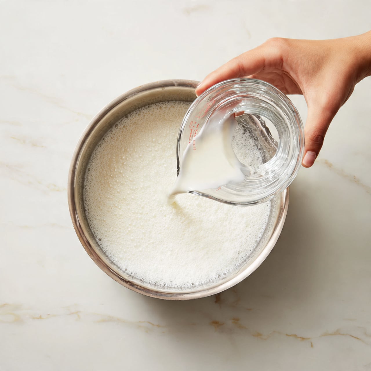 A metal pot is seen from above on a white marbled surface. Inside the pot, there is a thick white foam layer along the sides, with a clear liquid being poured into the center from a clear measuring cup held by a woman's hand on the left side of the image. The foam looks soft and fluffy with smooth texture. The liquid pouring is white and smooth, creating a gentle contrast with the foam inside the pot. Photo taken with an iphone --ar 4:5 --v 7