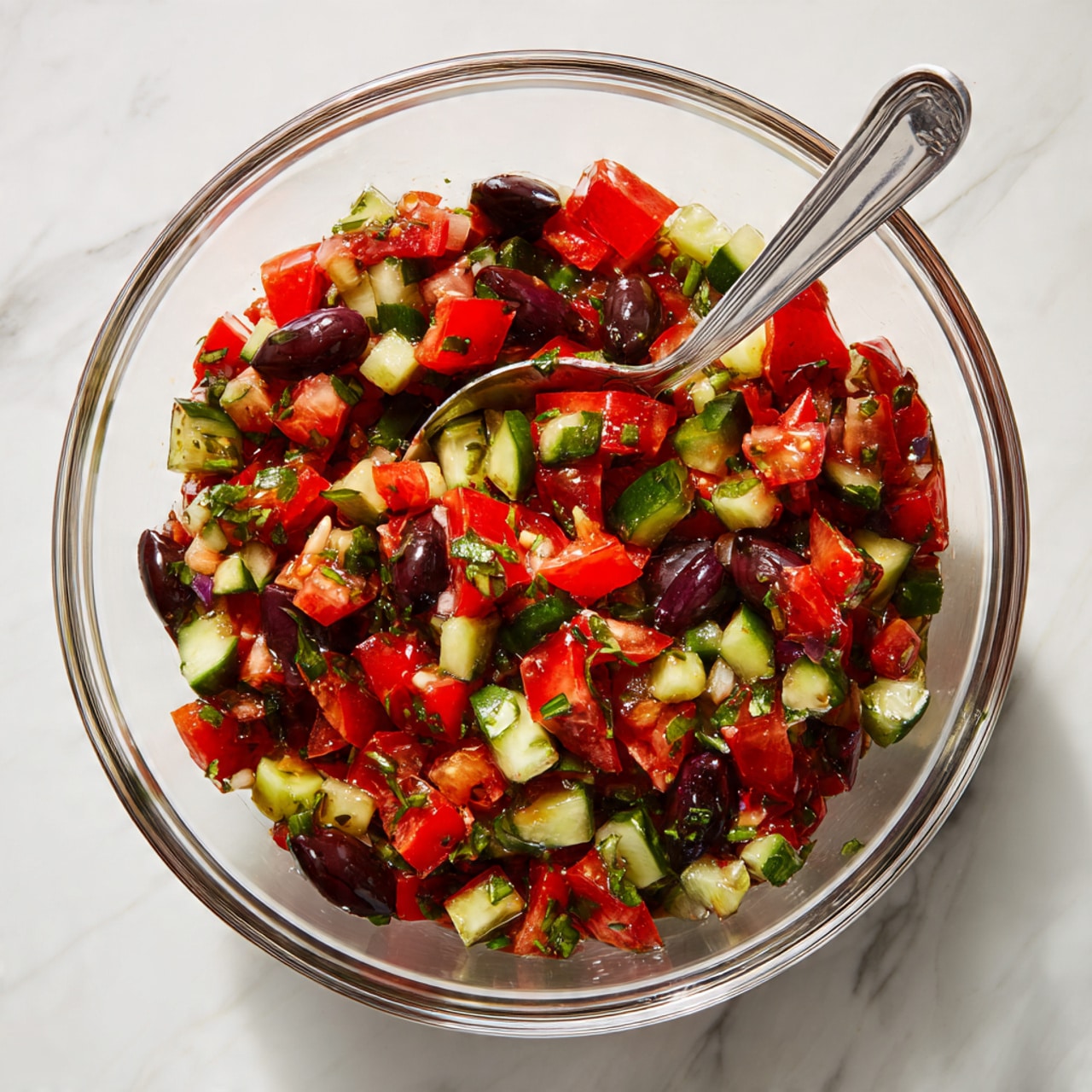 A clear glass bowl filled with a colorful mix of small, chopped pieces of red tomatoes, green cucumbers, dark purple olives, and green herbs scattered throughout. The mixture looks fresh and slightly wet, showing a light shine on the pieces. A silver spoon is placed inside the bowl, resting against the side. The bowl sits on a white marbled surface. photo taken with an iphone --ar 4:5 --v 7