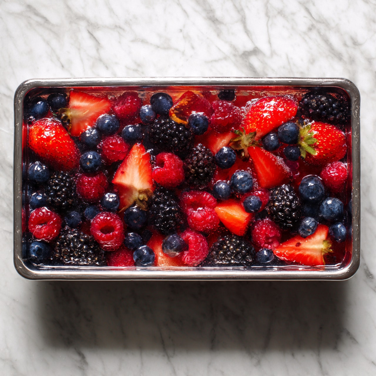 A rectangular metal mold filled with a clear jelly-like layer on top, containing a mix of fresh berries including red strawberries, dark blackberries, bright red raspberries, and deep blue blueberries evenly spread throughout. The mold is placed on a white marbled surface, showcasing the shiny and smooth texture of the jelly with the berries suspended inside, creating a vibrant and colorful contrast against the metal mold and the background. Photo taken with an iphone --ar 4:5 --v 7