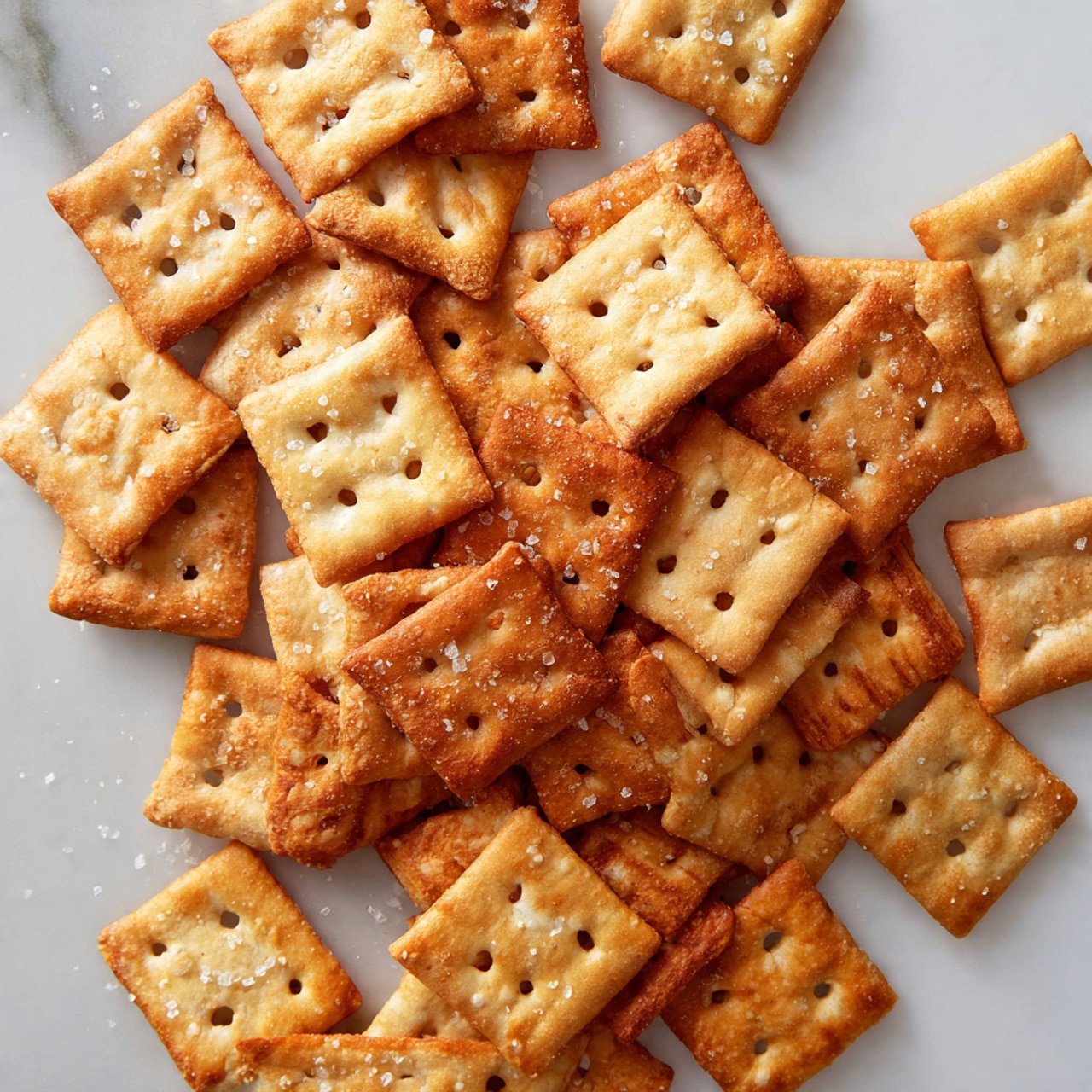 Four small white bowls filled with square, golden-orange crunchy crackers, each cracker showing a slightly glossy, baked texture with small holes in the center. The bowls are placed on a white marbled surface with more crackers scattered around them. A woman's hand is reaching from the left side, touching the scattered crackers, while a second pale hand is picking a cracker from the bottom right bowl. The image is bright with soft natural light, highlighting the crisp texture of the crackers. Photo taken with an iphone --ar 4:5 --v 7