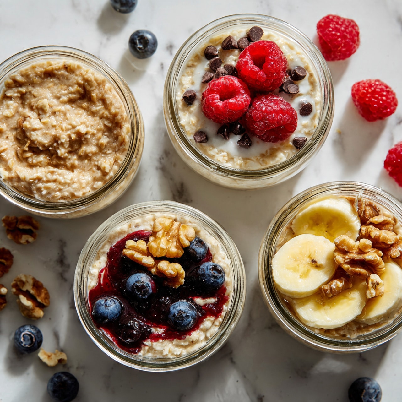 The image shows four glass jars filled with creamy overnight oats with visible chia seeds. The first jar on the left has a layer of oats topped with a dark brown swirl of syrup and a few blueberries and chopped nuts on top. The second jar from the left is plain oats, with a woman's hand holding a wooden spoon scooping some oats out, showing a thick, creamy texture. The third jar has oats at the bottom, followed by a layer of chopped nuts, topped with banana slices. The fourth jar has a thick dark red fruit layer in the middle and is topped with oats, fresh raspberries, and chocolate chips. There are extra banana slices, raspberries, blueberries, and chocolate chips scattered on the white marbled surface in front of the jars. photo taken with an iphone --ar 4:5 --v 7