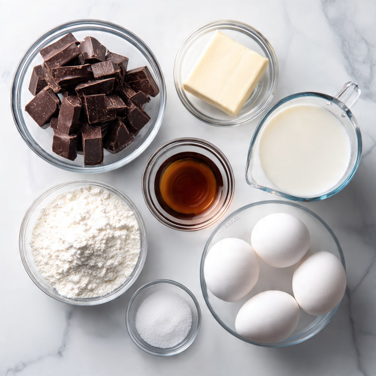 The image shows several clear glass bowls and containers arranged on a white marbled surface. There is one large bowl filled with chunks of dark chocolate positioned on the left. Above it is a small bowl holding a square piece of pale butter. In the center, a glass measuring cup contains white milk. Below the milk are two small bowls, one with white powder and another with a small amount of vanilla extract which is brown. To the right, three white eggs are placed close together, with a glass bowl filled with white granulated sugar nearby. The scene is well-lit, and all the ingredients are clearly visible, placed in an orderly manner. photo taken with an iphone --ar 4:5 --v 7