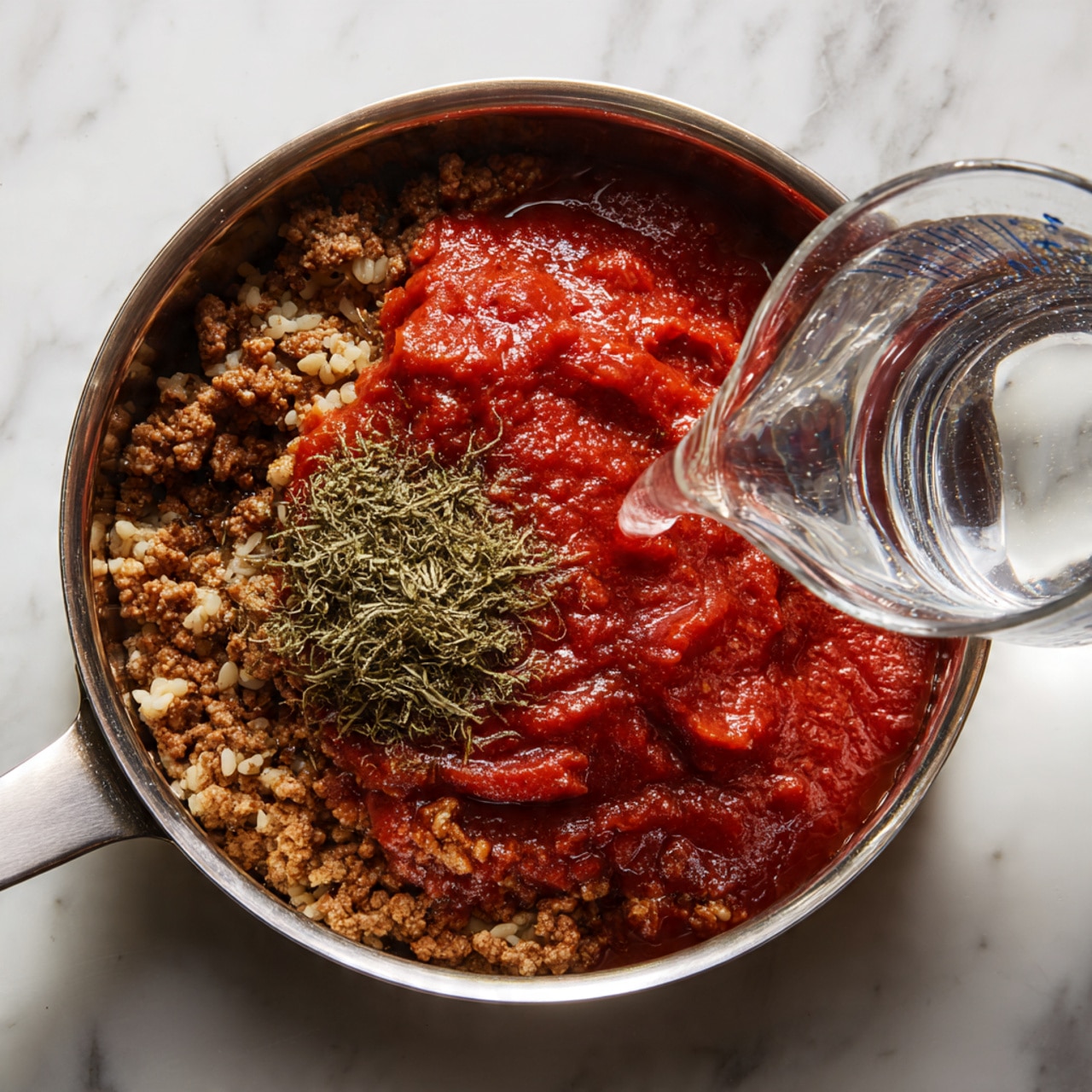 A silver pan filled with three layers of food on a white marbled surface: the bottom layer is browned ground meat with a crumbly texture and a light brown color; on top of this is a thick, bright red tomato sauce spread mostly to one side; a small pile of dried green herbs rests on the edge of the sauce. A clear measuring cup with water pours liquid onto the meat near the sauce. Photo taken with an iphone --ar 4:5 --v 7