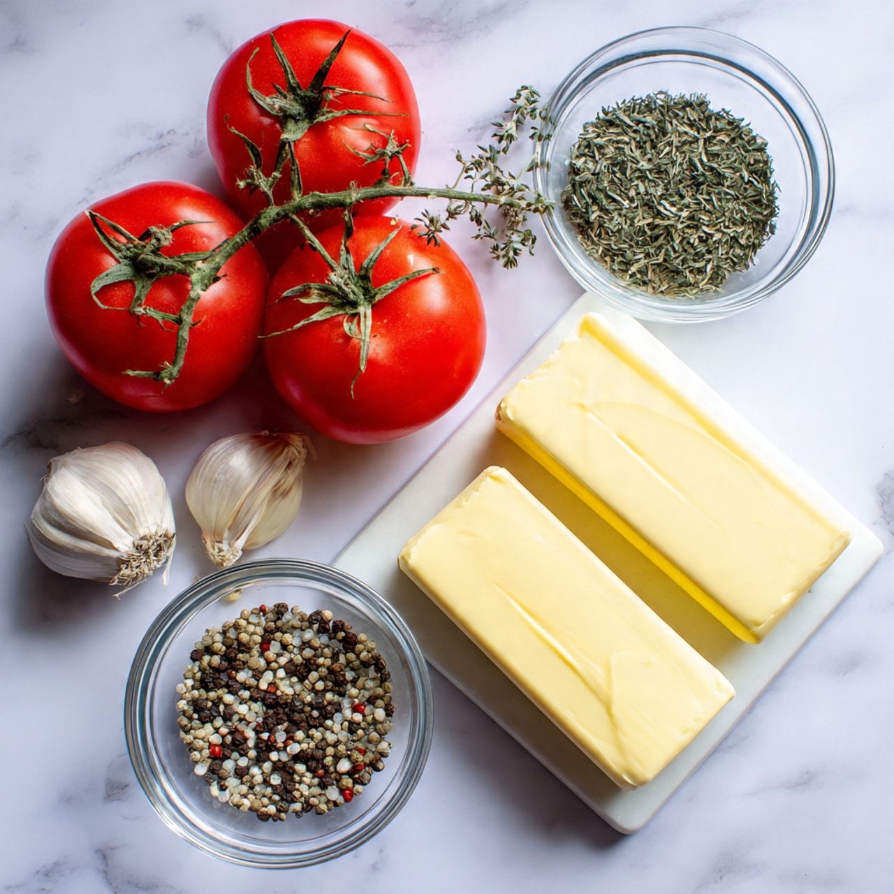 The image shows two sticks of smooth yellow butter placed side by side on a white board at the bottom right. Above and to the left are two bright red tomatoes still on a green vine, accompanied by two cloves of light purple garlic near them. There are two clear glass bowls, one containing a mix of green dried herbs at the top right and the other with small black pepper flakes at the top left. Everything is arranged neatly on a white marbled surface. photo taken with an iphone --ar 4:5 --v 7