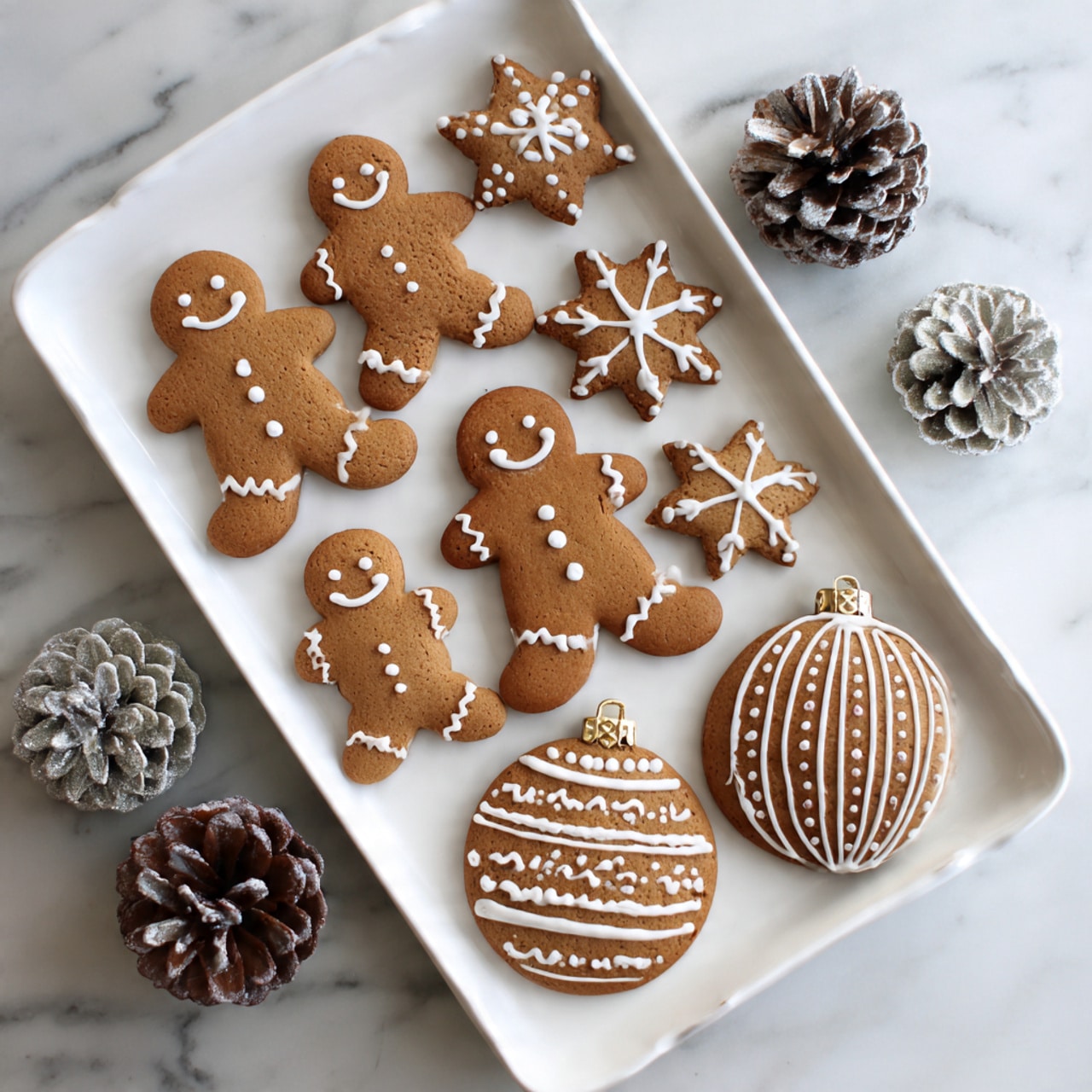 A white baking tray holds twelve gingerbread cookies in various shapes, including gingerbread people, stars, snowflakes, and ornaments. Some cookies are decorated with white icing forming patterns like dots, lines, zigzags, and webs, while others remain plain. A woman's hand is shown in the lower right corner piping icing in circular and line patterns onto an ornament-shaped cookie. The tray rests on a white marbled surface, and the colors focus mostly on the warm brown of the gingerbread and the bright white icing. photo taken with an iphone --ar 4:5 --v 7