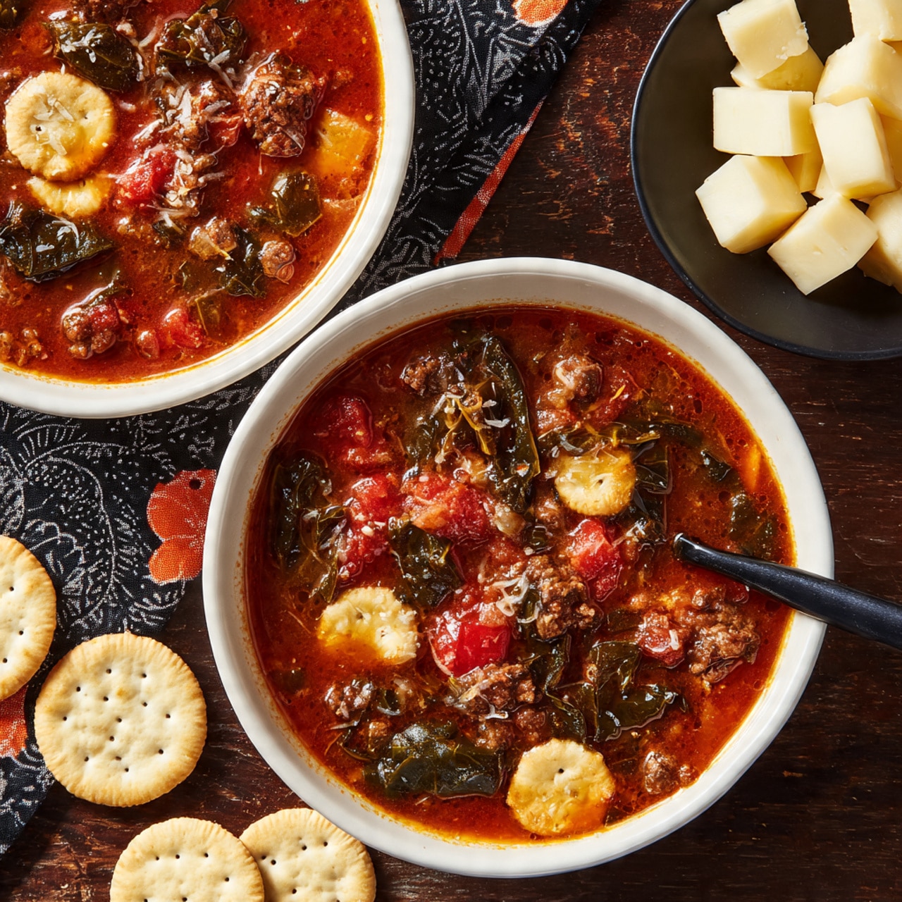 A close-up view of a white bowl filled with thick red tomato soup that has visible chunks of red tomatoes, green leafy herbs, and small pieces of onion. Small round yellowish crackers float on the soup’s surface. A black spoon lifts a scoop of soup showing melted white cheese stretching down, mixed with a cracker and pieces of tomato and green herbs. The bowl sits on a white marbled surface. Photo taken with an iphone --ar 4:5 --v 7
