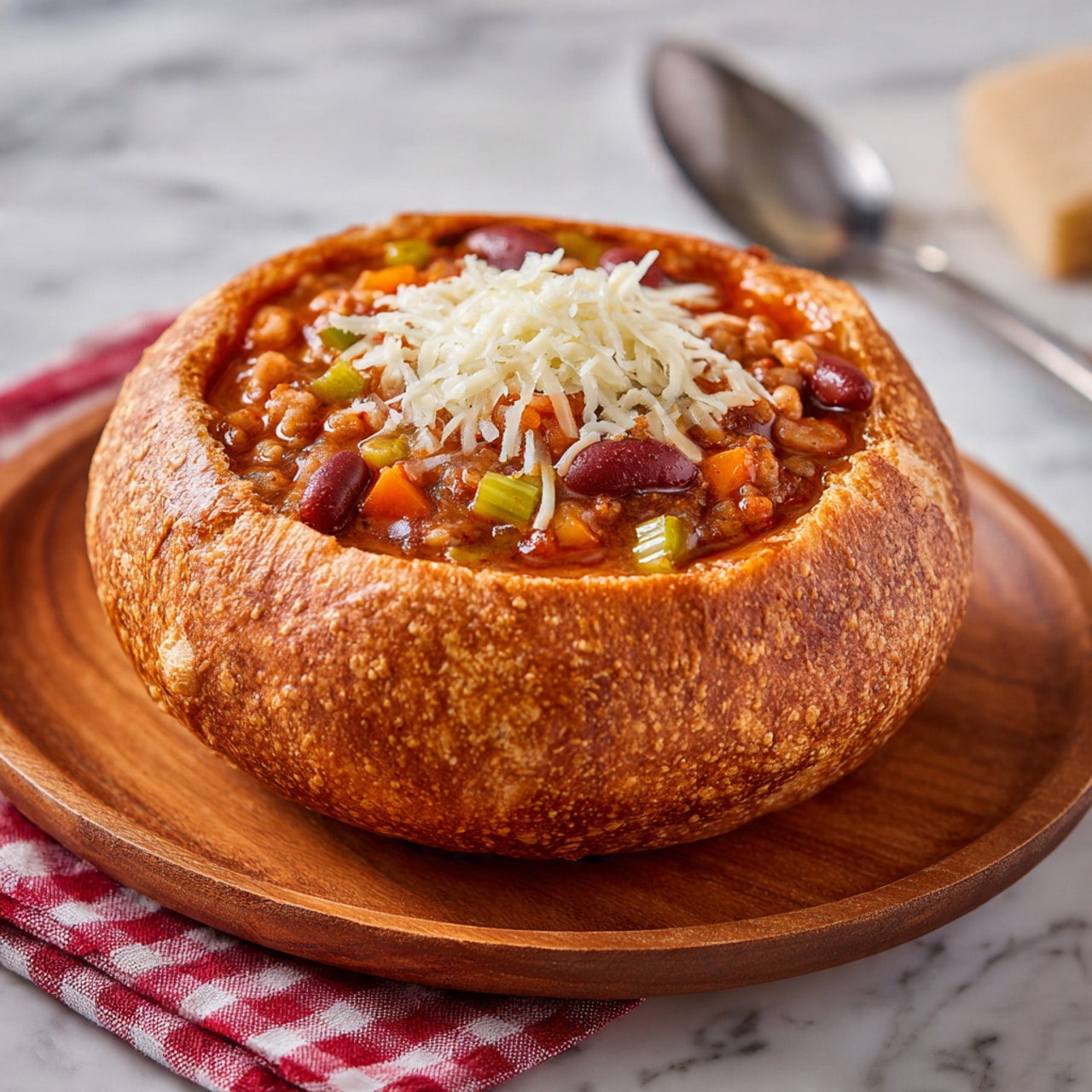 A round bread bowl with a golden-brown crust, hollowed out from the top, filled with a thick, chunky stew of deep red kidney beans, orange carrots, green pieces of celery, and small bits of rice or barley in a rich reddish-brown broth, topped with a small pile of shredded white cheese. The bread bowl sits on a round wooden plate, all placed on a white marbled surface with a red and white checkered cloth nearby. Photo taken with an iphone --ar 4:5 --v 7