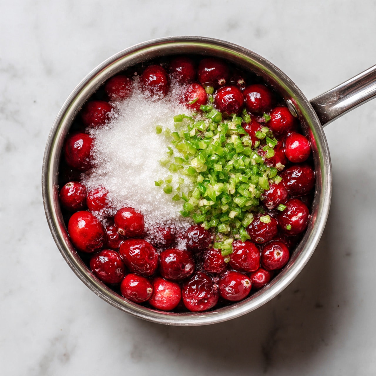 A silver metal saucepan is placed on a white marbled surface, filled with three distinct layers of ingredients. The bottom layer consists of bright red whole cranberries, some appearing slightly crushed, showing a glossy texture. On top of the cranberries, the middle layer is made up of small, uniformly chopped green jalapeño pieces, adding a fresh, vibrant touch. The top layer covers part of the cranberries with a fine, white layer of granulated sugar that contrasts against the red fruit. Photo taken with an iphone --ar 4:5 --v 7