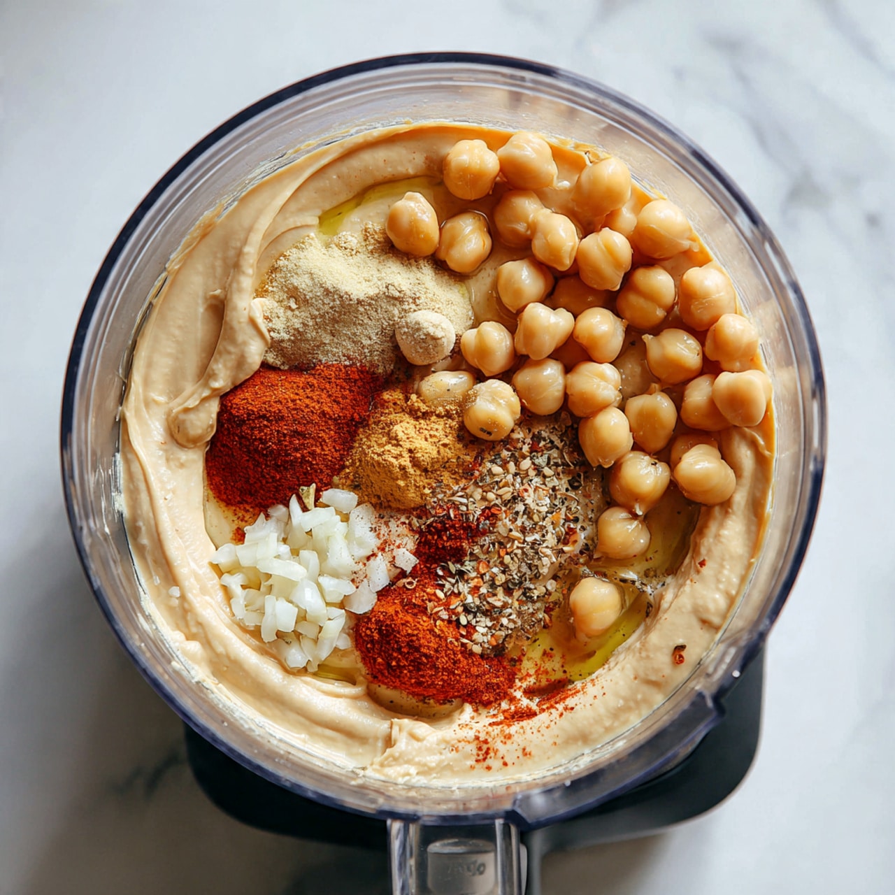Inside a clear food processor bowl filled with layers of ingredients ready to blend, the bottom layer is a smooth light beige creamy base. On top of this is a layer of whole chickpeas, pale tan and round, scattered evenly. There are small piles of white chopped garlic and bright red paprika powder sitting on the chickpeas. Sprinkled salt and ground spices add little specks of white and brown across the surface. A slight drizzle of golden olive oil rests around the edge. The food processor sits on a black base, set against a white marbled surface. Photo taken with an iphone --ar 4:5 --v 7