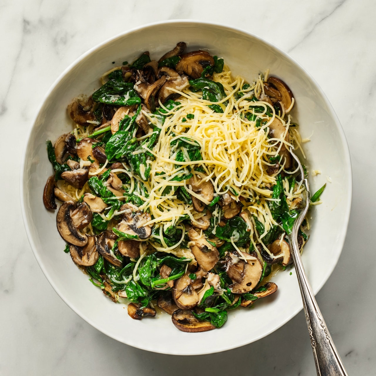 In a white bowl on a white marbled surface, there is a mixture of three main layers: soft, dark brown slices of cooked mushrooms scattered throughout, vibrant green cooked spinach pieces mixed evenly, and thin, pale yellow shredded cheese strands layered on top and mixed in. A metal fork rests inside the bowl on the right, partially submerged into the mix. The overall look is fresh and earthy with a mix of soft and tender textures photo taken with an iphone --ar 4:5 --v 7