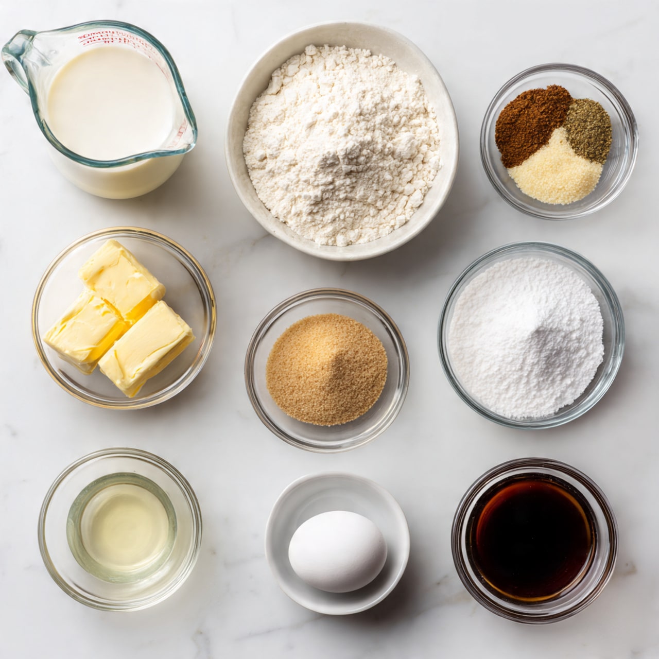 A top-down view of 11 small glass bowls and a glass measuring cup arranged on a white marbled surface. At the top center is a bowl filled with white flour, next to a bowl of mixed spices in brown, light yellow, and white. Below the flour bowl and to the left is a small bowl with a square piece of yellow butter and to its right a bowl with white baking powder. Next to those is a bowl with light brown sugar and another bowl with vanilla extract below it. At the bottom right is a bowl with white baking soda and above it a bowl of dark brown liquid that looks like molasses or syrup. Near the bottom center is a white egg, and at the bottom left is a bowl with clear liquid, likely oil. To the top left is a clear measuring cup filled halfway with white milk. The bowls and cup are spaced evenly, showing different dry and liquid ingredients ready for baking. Photo taken with an iphone --ar 4:5 --v 7