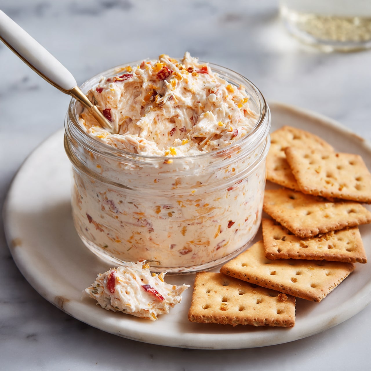 Clear glass bowl filled with a creamy mixture that is light orange and white in color, with small bits of red and orange spread throughout. The texture looks soft and thick, with some folds and swirls on the surface showing it was just stirred. A white spatula with some mixture on it rests inside the bowl on the right side. The bowl sits on a white marbled surface. photo taken with an iphone --ar 4:5 --v 7