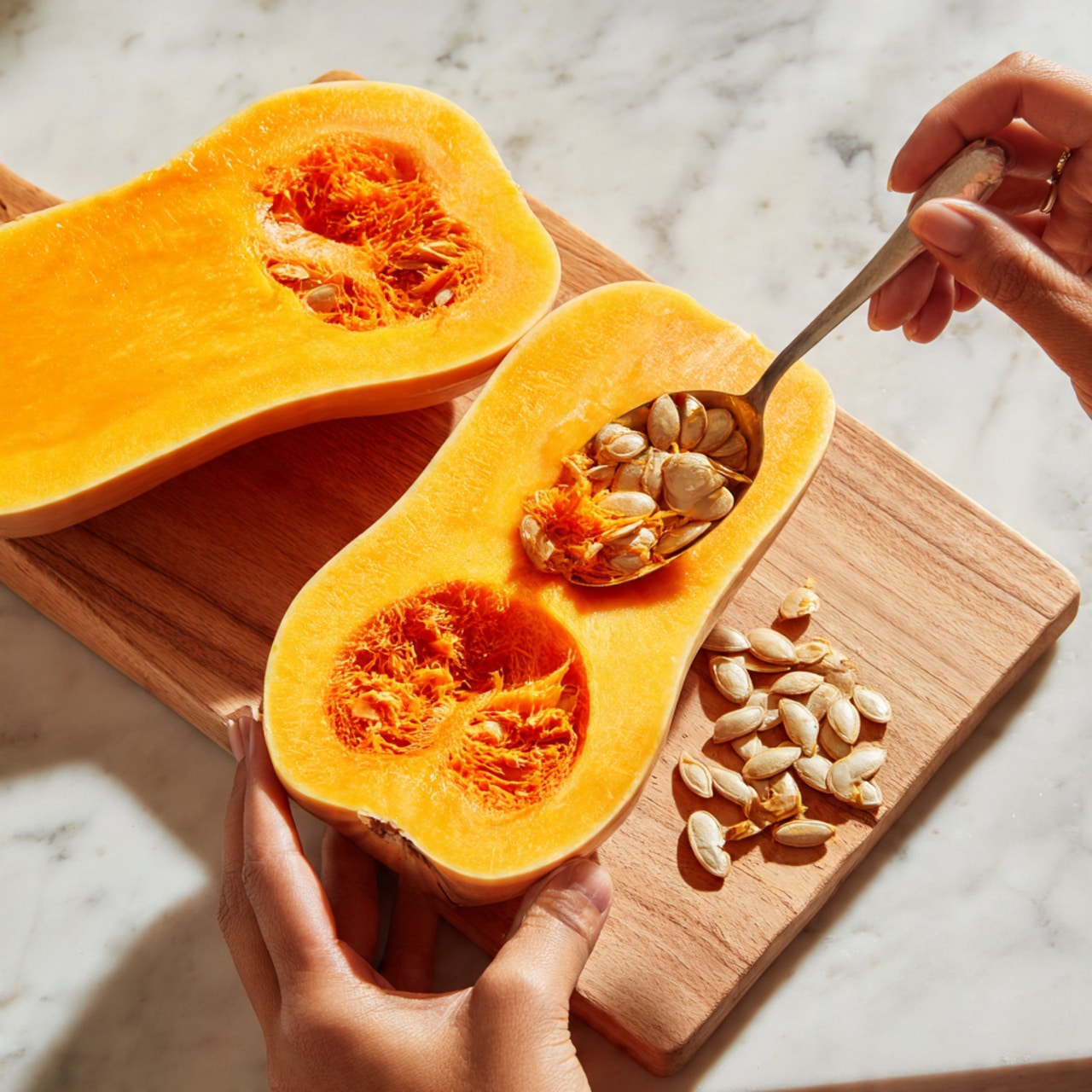 A woman's hand holds one half of a butternut squash, showing the bright orange flesh with a hollowed-out center filled with stringy fibers and seeds, while another woman's hand uses a spoon to scoop out the seeds. The other half of the squash, with a smooth hollowed center, rests on a light wooden cutting board. A small pile of removed seeds and fibers lies to the side on the board, all set against a white marbled surface. photo taken with an iphone --ar 4:5 --v 7