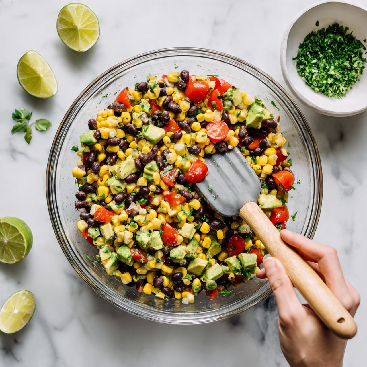 A clear glass bowl filled with a colorful salad mixture, showing three main visible layers: bright yellow corn kernels scattered throughout, black beans adding small dark spots, and diced red tomatoes giving a fresh pop of color. Small pieces of green avocado and chopped green herbs are mixed in evenly, adding a soft texture and fresh look. A woman's hand holds a spatula with a light wooden handle and gray silicone head, stirring the ingredients inside the bowl. Above the bowl, there is a white bowl with chopped green herbs and to the left, two lime halves with one decorated by a small piece of green herb. The whole scene is set on a white marbled textured surface with small white dishes placed around. Photo taken with an iphone --ar 4:5 --v 7