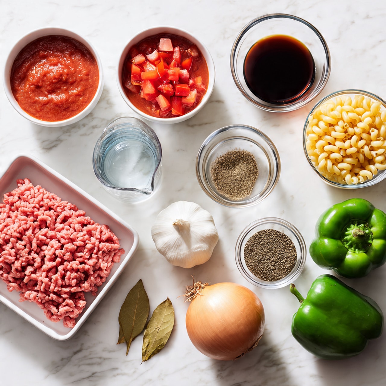 The image shows all ingredients neatly arranged on a white marbled surface. There are two white bowls filled with tomato sauce and diced tomatoes, placed on the left side. Below them is a white tray holding pink ground meat. Towards the center, a clear measuring cup with water and a whole white garlic bulb are visible, alongside two dried bay leaves. To the right, a whole yellow onion and two green bell peppers sit side by side. Smaller glass bowls hold a dark liquid sauce and a mix of dry spices, with a measuring cup of macaroni pasta and another measuring cup of dark liquid placed nearby. The composition is clean and bright, with everything clearly visible. Photo taken with an iphone --ar 4:5 --v 7