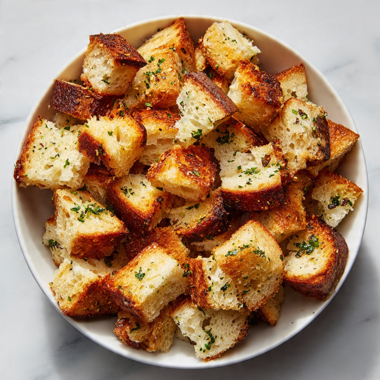 A bowl filled with many small toasted bread cubes that are golden brown and light beige, showing a crunchy texture with some greenish herbs scattered on top. The cubes have rough, crispy edges and soft, airy centers. The bowl is white, round, and simple, placed on a white marbled surface with soft natural light highlighting the texture of the bread pieces. Photo taken with an iphone --ar 4:5 --v 7