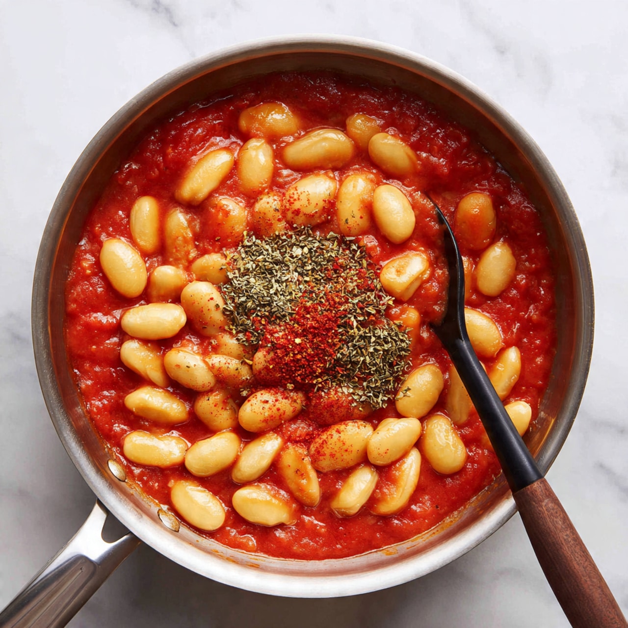 The image shows a stainless steel pan filled with cooked broad beans in a thick red tomato sauce. The beans are large, pale yellow, and slightly shiny, sitting in a smooth, rich red sauce covering the whole pan. In the center, there is a small pile of dried herbs and crushed red pepper flakes on top of the beans. A black spoon with a wooden handle is resting inside the pan on the right side. The pan is placed on a white marbled surface. photo taken with an iphone --ar 4:5 --v 7