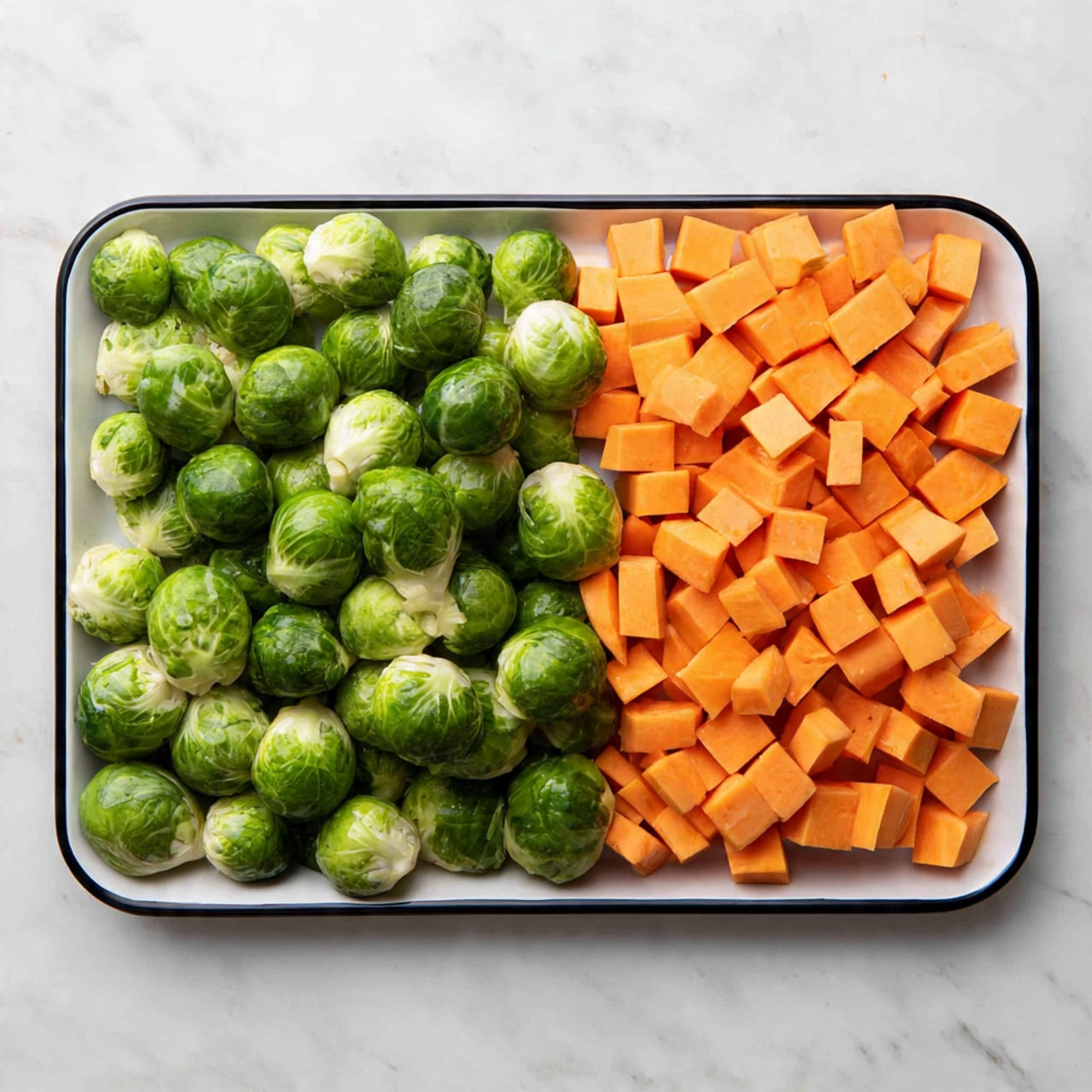 A white rectangular tray with a black rim holds two types of vegetables on a white marbled surface. On the left side, there are whole and halved bright green Brussels sprouts with a fresh, slightly shiny texture. On the right side, there are small cubes of orange sweet potatoes with a smooth surface, evenly spread out but close to each other. The vegetables are raw and arranged side by side without overlapping, filling the tray almost completely. photo taken with an iphone --ar 4:5 --v 7