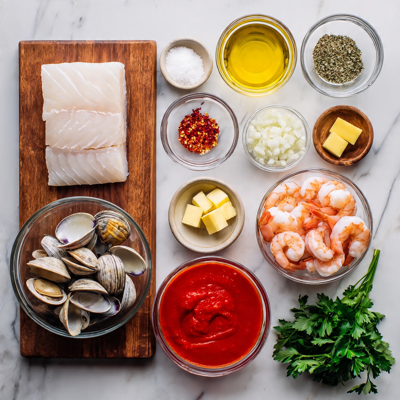 The image shows a top view of various raw cooking ingredients placed on a white marbled surface. In the top left corner, there is a wooden cutting board with a large piece of raw white fish. Nearby are small glass bowls filled with chopped white and red onions, olive oil with a yellow tint, salt, sugar, and red pepper flakes. In the center is a clear glass bowl full of clams with shells that are gray and beige. To the right of this bowl, there is another clear bowl filled with raw shrimp that are pink and white with tails attached. Below is a large bowl of bright red tomato sauce with a thick texture. Around these main items are small bowls with minced garlic, light yellow butter cubes, chicken broth in a measuring cup, and dried herbs in a small bowl. Fresh green parsley leaves are also present in the lower right corner. Photo taken with an iphone --ar 4:5 --v 7
