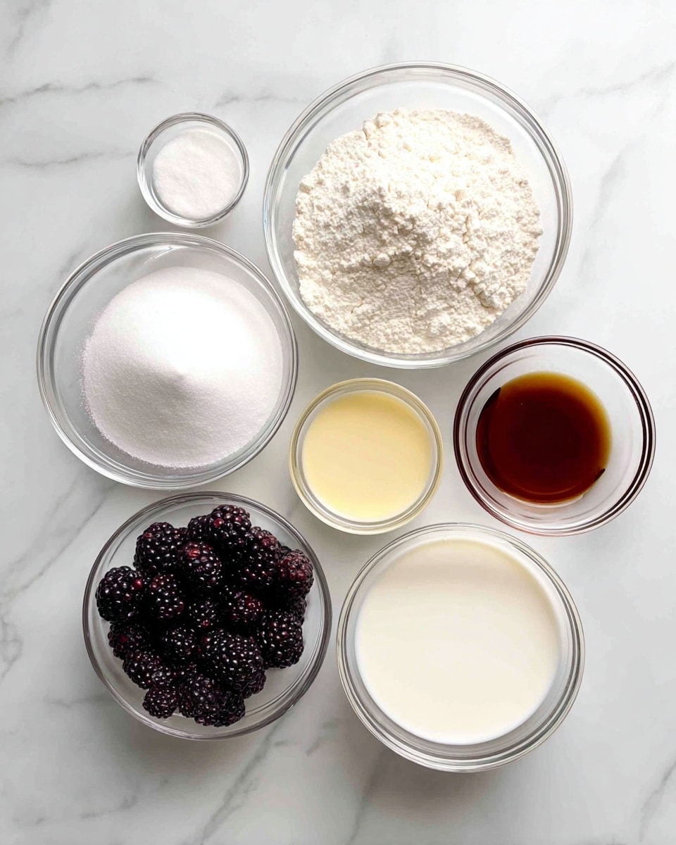 Seven clear glass bowls sit on a white marbled surface. The largest bowl, near the top center, is filled with white sugar, smooth and fine in texture. To the left of it, a slightly smaller bowl holds white flour with a soft, powdery look. Below the flour bowl, a small bowl contains a light yellow liquid, creamy and slightly frothy. In the center bottom, a medium bowl is filled with dark purple-black blackberries, fresh and shiny with bumpy texture. To the right of the blackberries, a large bowl holds white milk, smooth and opaque. Above the milk, a small bowl has dark amber vanilla extract, liquid and shiny. Next to the vanilla, a tiny bowl contains a white powder, fine and bright. photo taken with an iphone --ar 4:5 --v 7