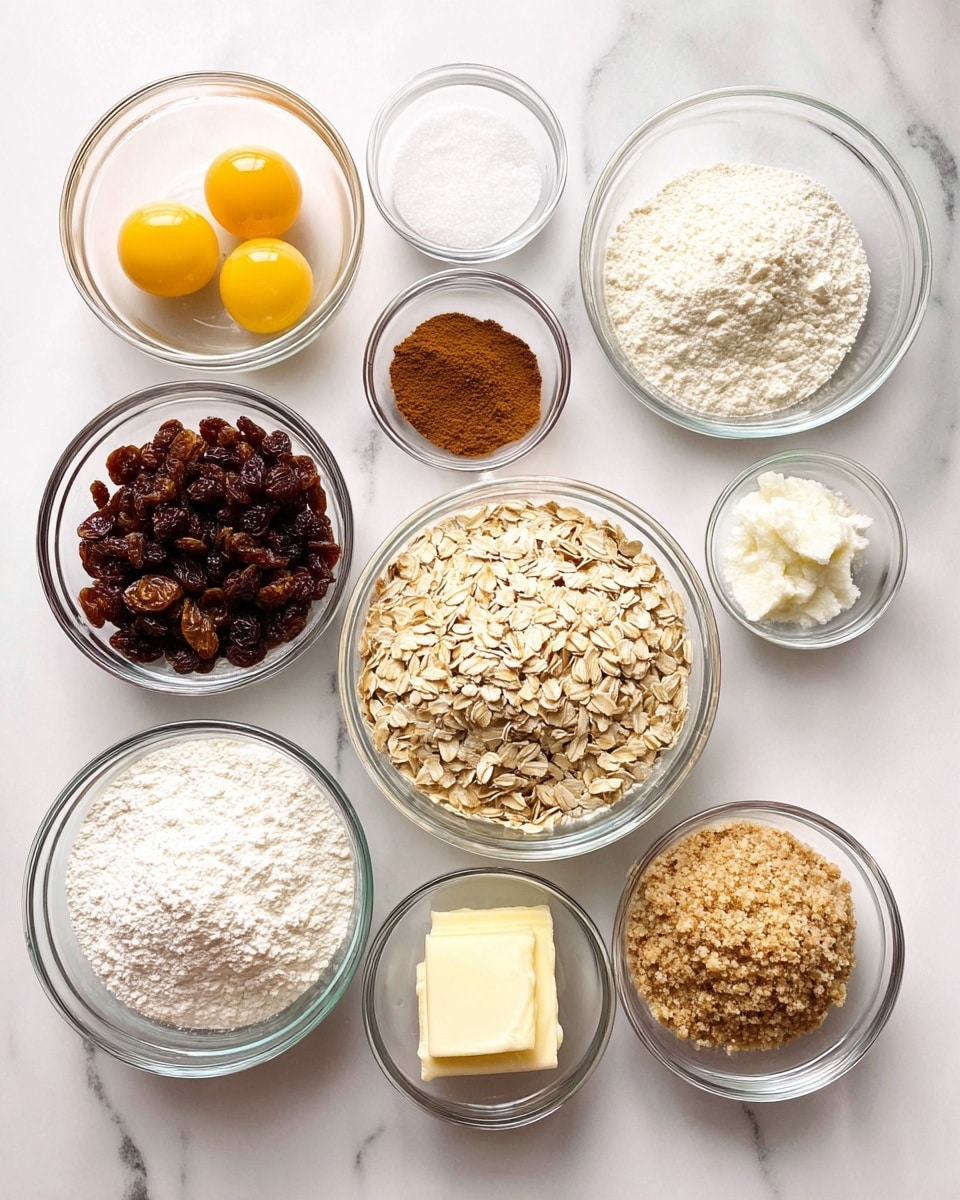 The image shows nine clear glass bowls arranged on a white marbled surface, each containing different baking ingredients. In the top row, from left to right, there is a bowl with two raw yellow eggs, a small bowl with white salt, a small bowl with brown cinnamon powder, and a small bowl with white baking soda. In the middle row, from left to right, there is a bowl full of dark brown raisins, a large bowl with white flour, and a large bowl filled with beige rolled oats. At the bottom row, from left to right, there is a bowl full of white sugar, a bowl with pale yellow butter, and a bowl of light brown packed brown sugar. The bowls are neatly placed, showcasing a variety of textures and colors against the smooth white marbled background. photo taken with an iphone --ar 4:5 --v 7