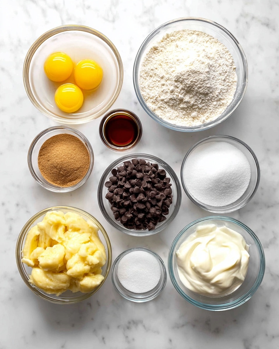 The image shows nine clear glass bowls arranged on a white marbled surface. In the top row from left to right, there is a small bowl with two raw eggs with bright yellow yolks, a large bowl filled with fine white flour, a tiny bowl of dark brown liquid vanilla extract, a small bowl with white salt, and a medium bowl of light brown packed brown sugar. In the bottom row from left to right, a medium bowl filled with dark chocolate chips, a medium bowl with mashed bananas showing a soft, chunky light yellow texture, a small bowl with white creamy sour cream, and a medium bowl filled with white granulated sugar. The bowls are neatly spaced, showing a variety of baking ingredients clearly. Photo taken with an iphone --ar 4:5 --v 7
