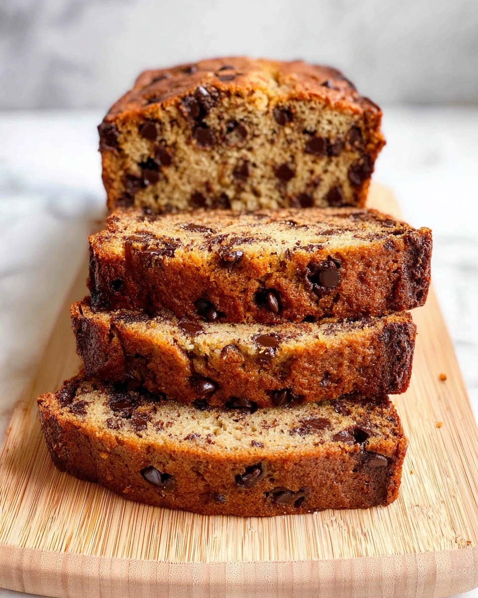 A rectangular chocolate chip banana bread loaf sits inside a dark gray baking pan placed on a white marbled surface. The bread has a golden brown crust with a textured, slightly cracked top sprinkled evenly with many dark chocolate chips, some slightly melted, adding a glossy contrast to the soft bread. The edges of the loaf are slightly raised, showing a well-risen bread with a soft, moist interior visible through the cracks. Photo taken with an iphone --ar 4:5 --v 7